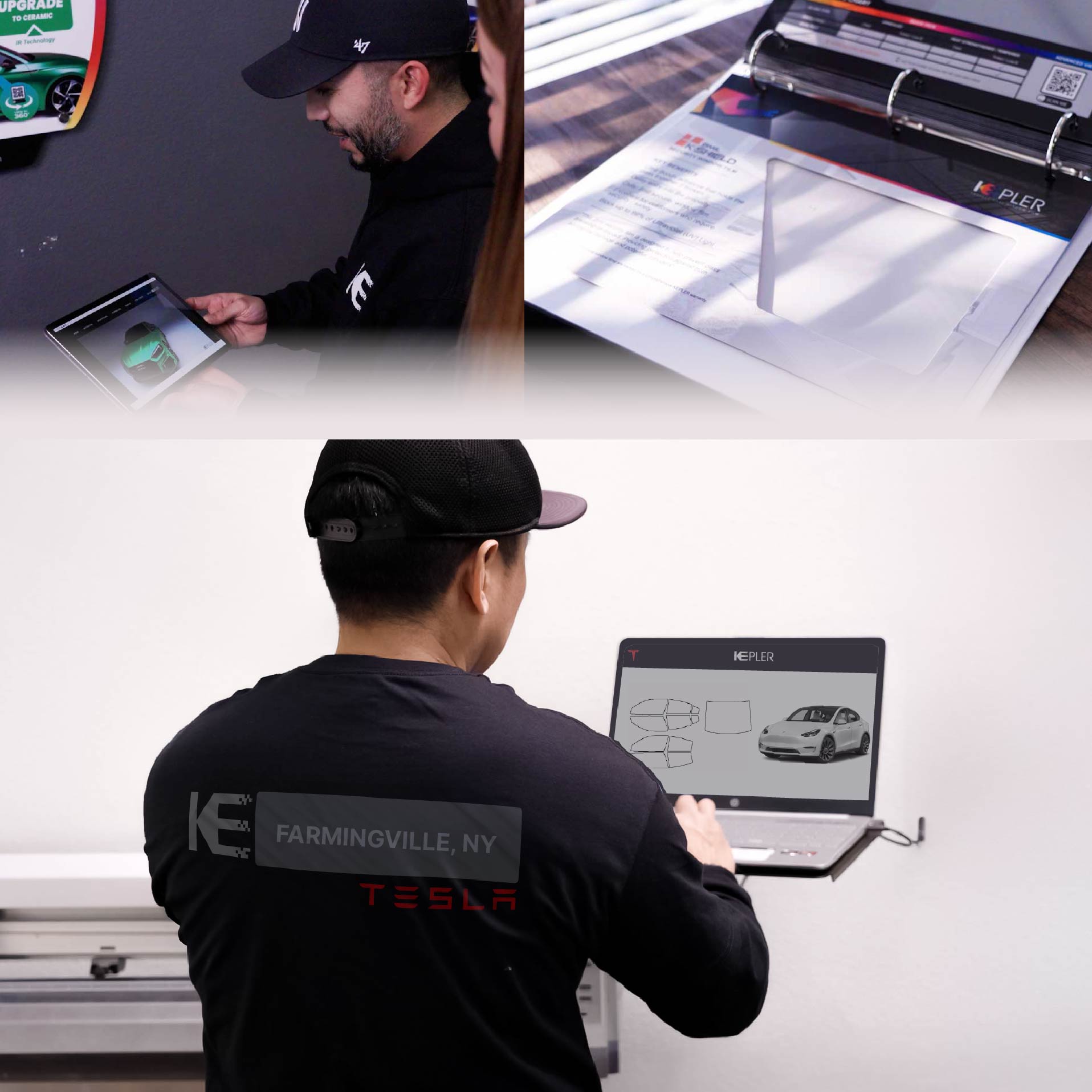 Expert Technician Fitting High-tech Window Tint to Tesla in Farmingville