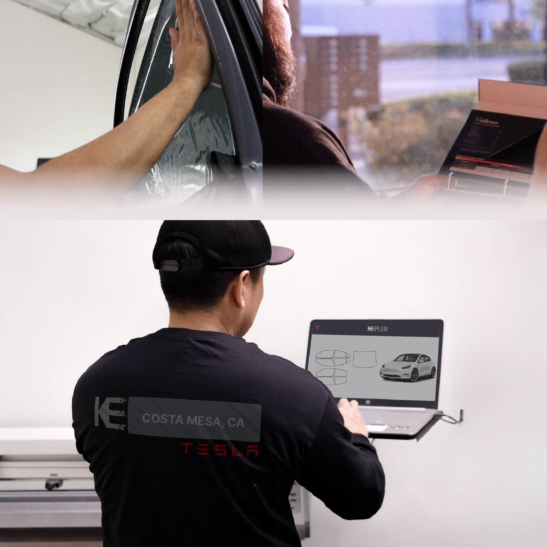 Kepler Technician Installing High-tech Window Tint to Tesla in Costa Mesa