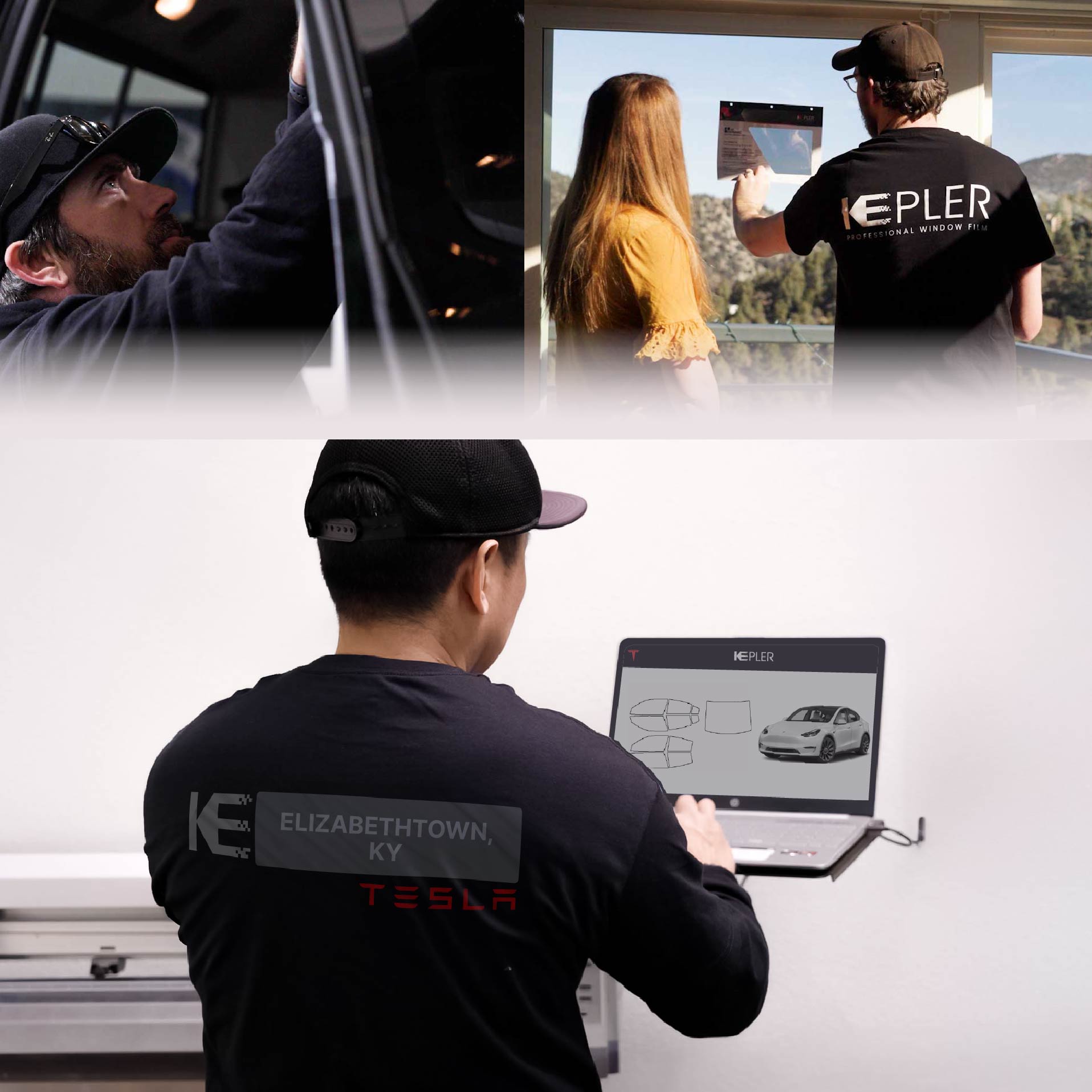 Expert Technician Fitting Ceramic Window Tint to Tesla in Elizabethtown
