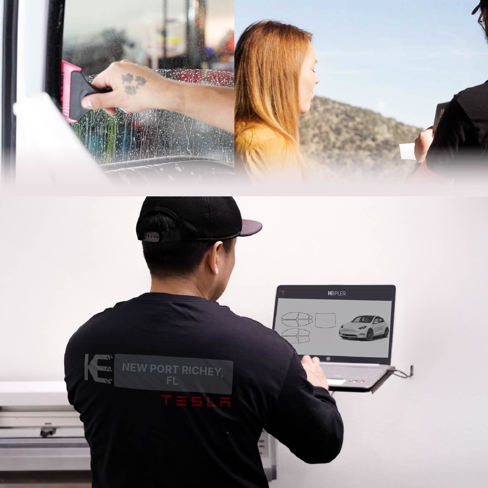 Expert Technician Applying High-tech Window Tint to Tesla in New Port Richey