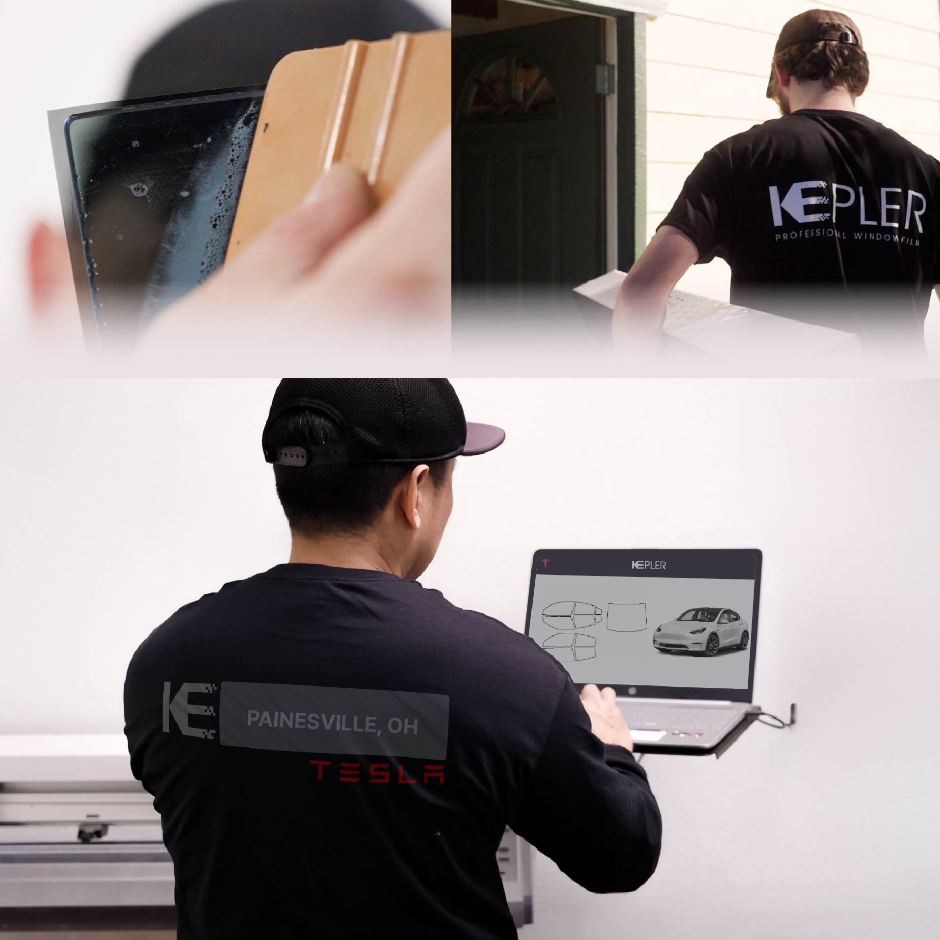 Kepler Technician Installing Advanced Window Tint to Tesla in Painesville