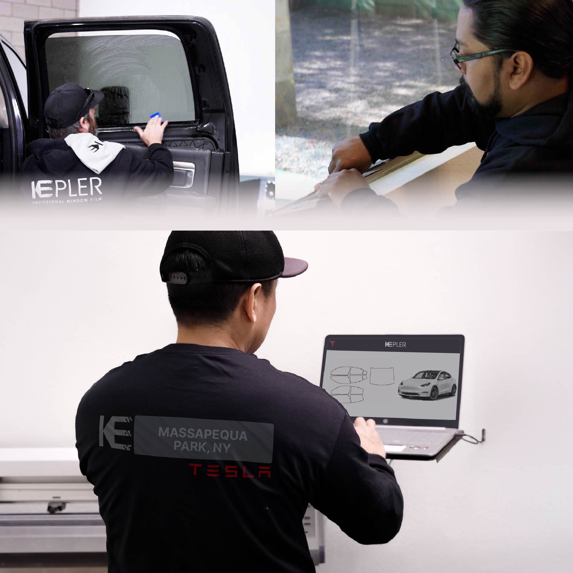 Expert Technician Applying Advanced Window Tint to Tesla in Massapequa Park