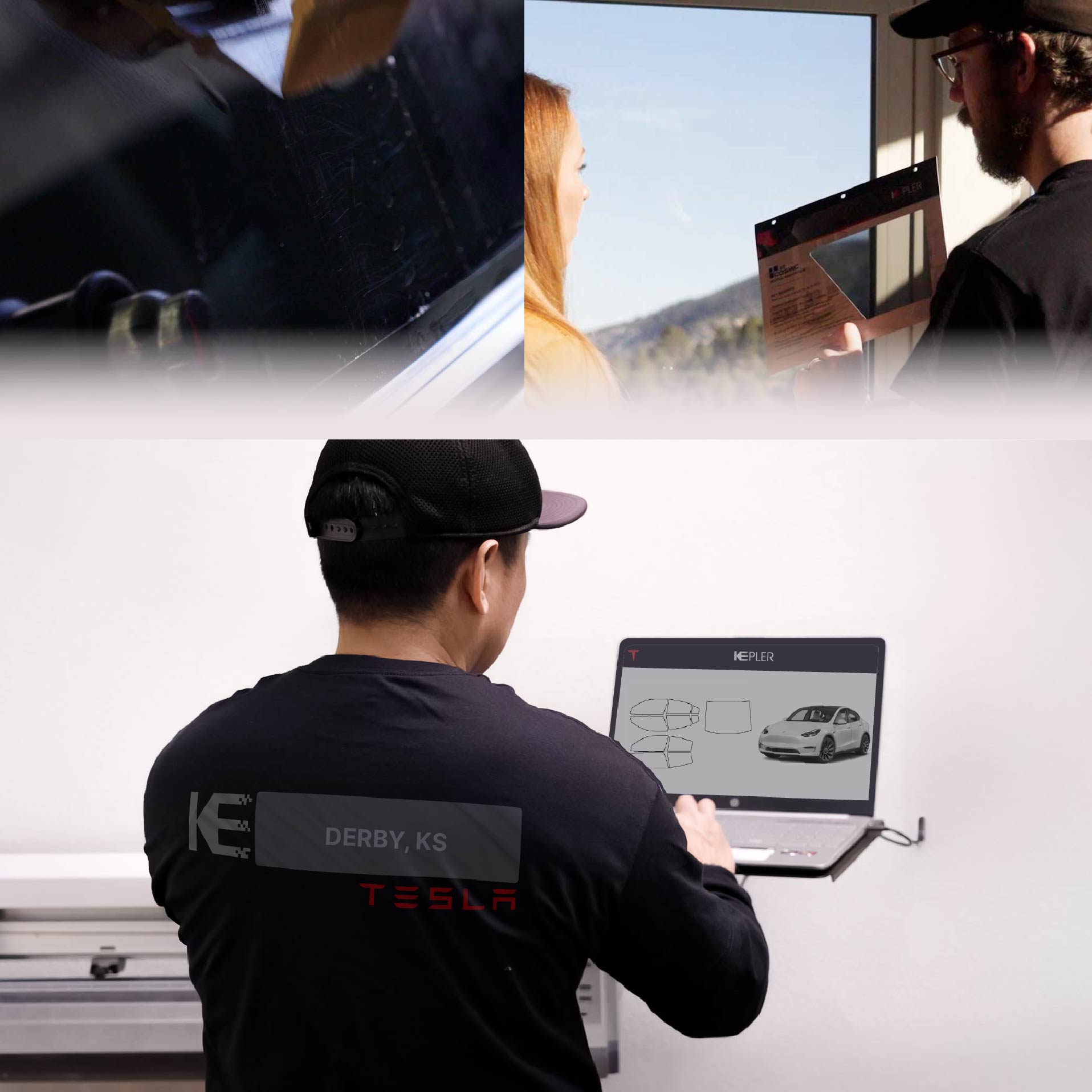 Kepler Technician Fitting Advanced Window Tint to Tesla in Derby