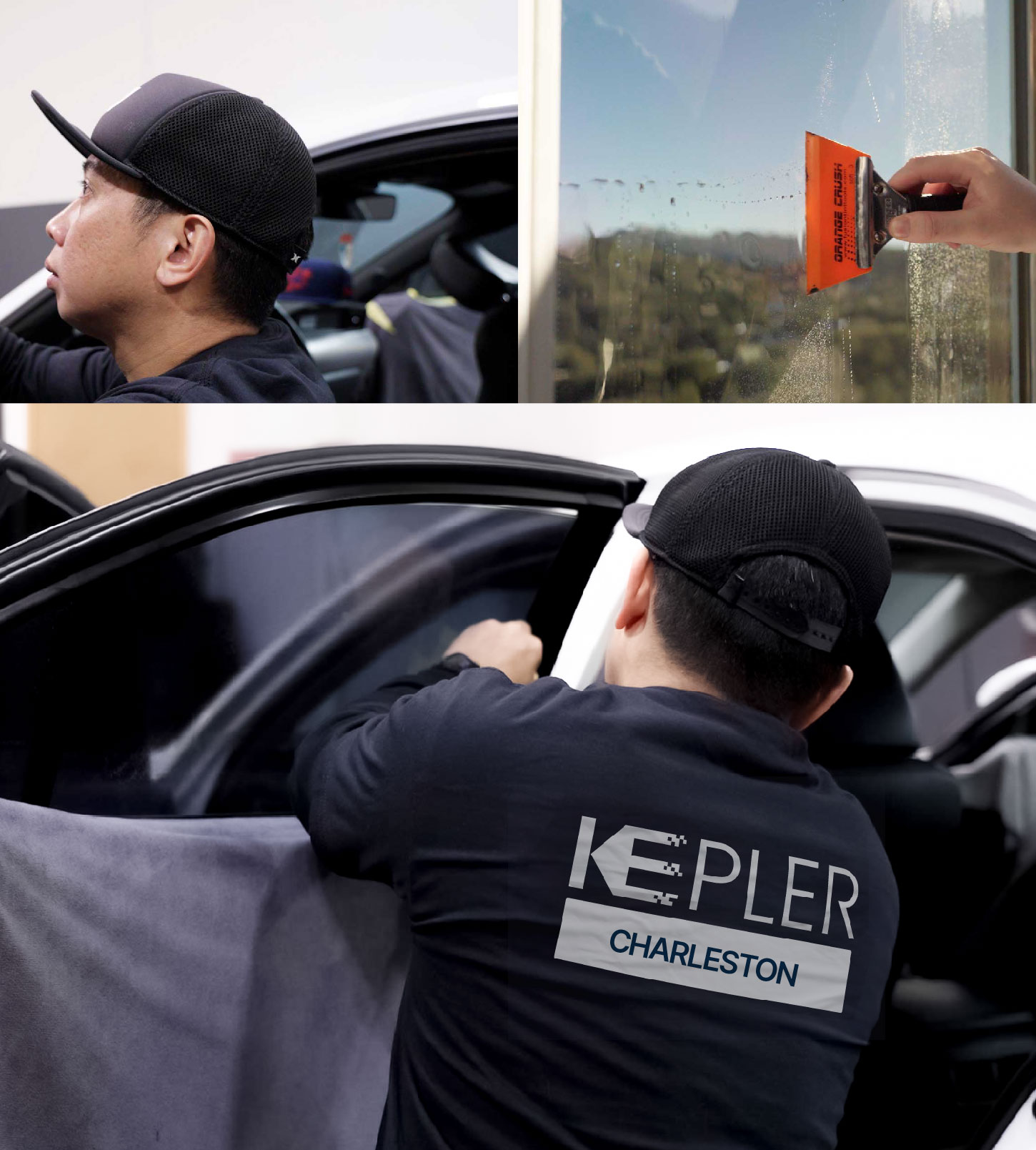 Automotive Window Tinting Expert Applying Film in Charleston, West Virginia