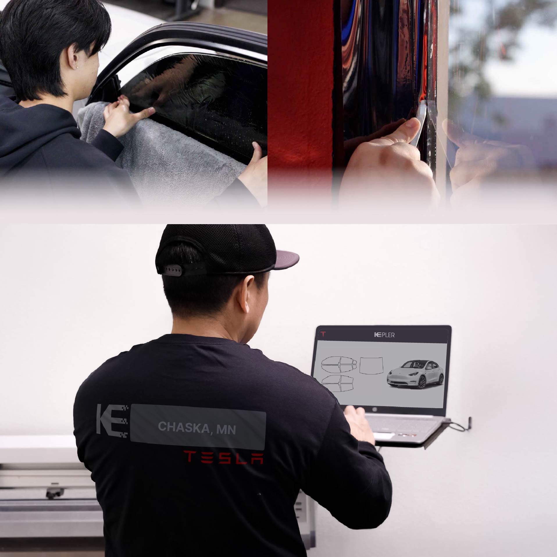 Kepler Technician Fitting Advanced Window Tint to Tesla in Chaska