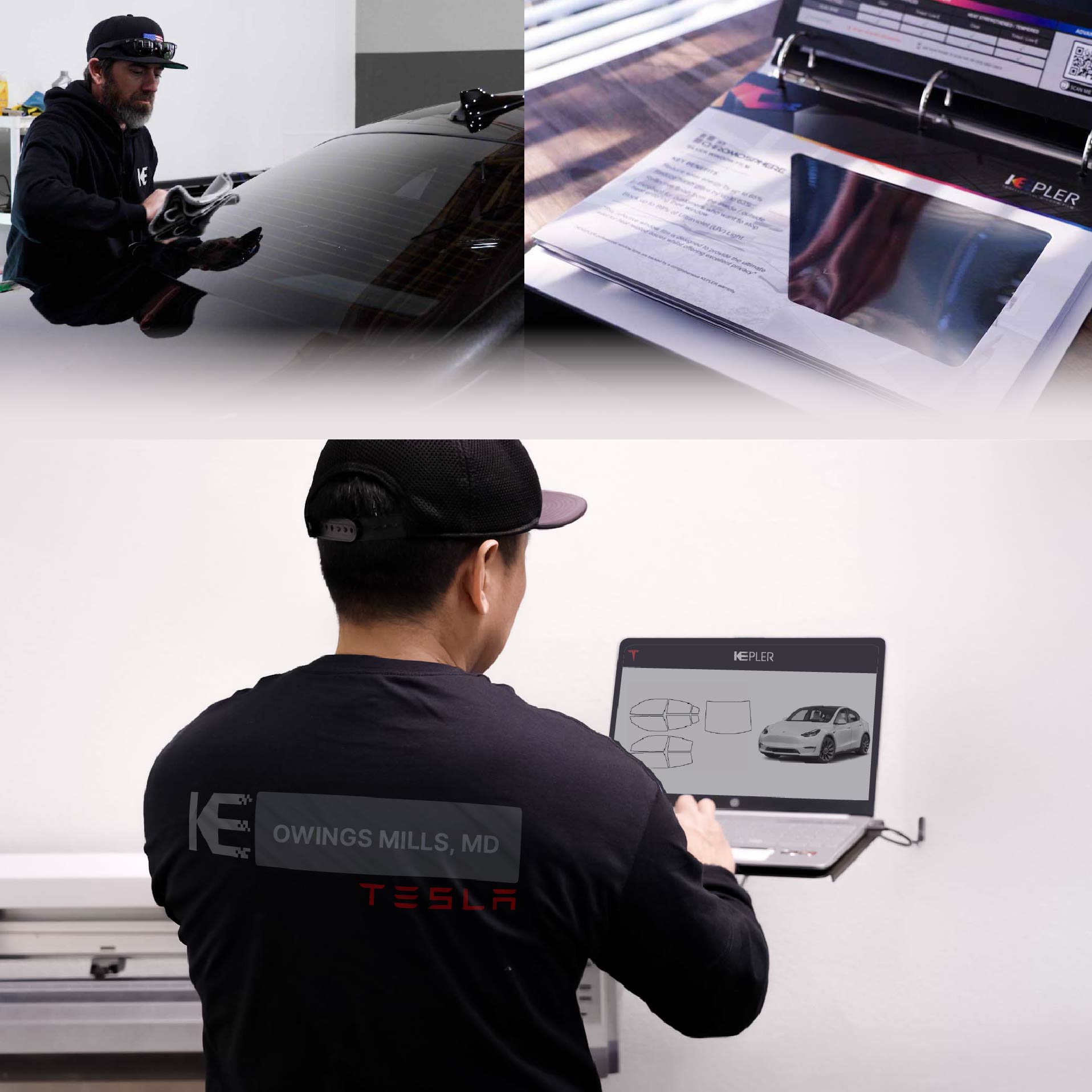 Expert Technician Fitting High-tech Window Tint to Tesla in Owings Mills