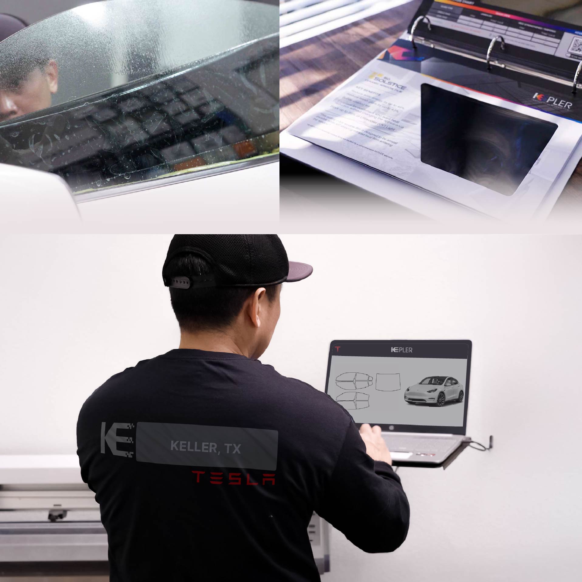 Expert Technician Fitting Ceramic Window Tint to Tesla in Keller