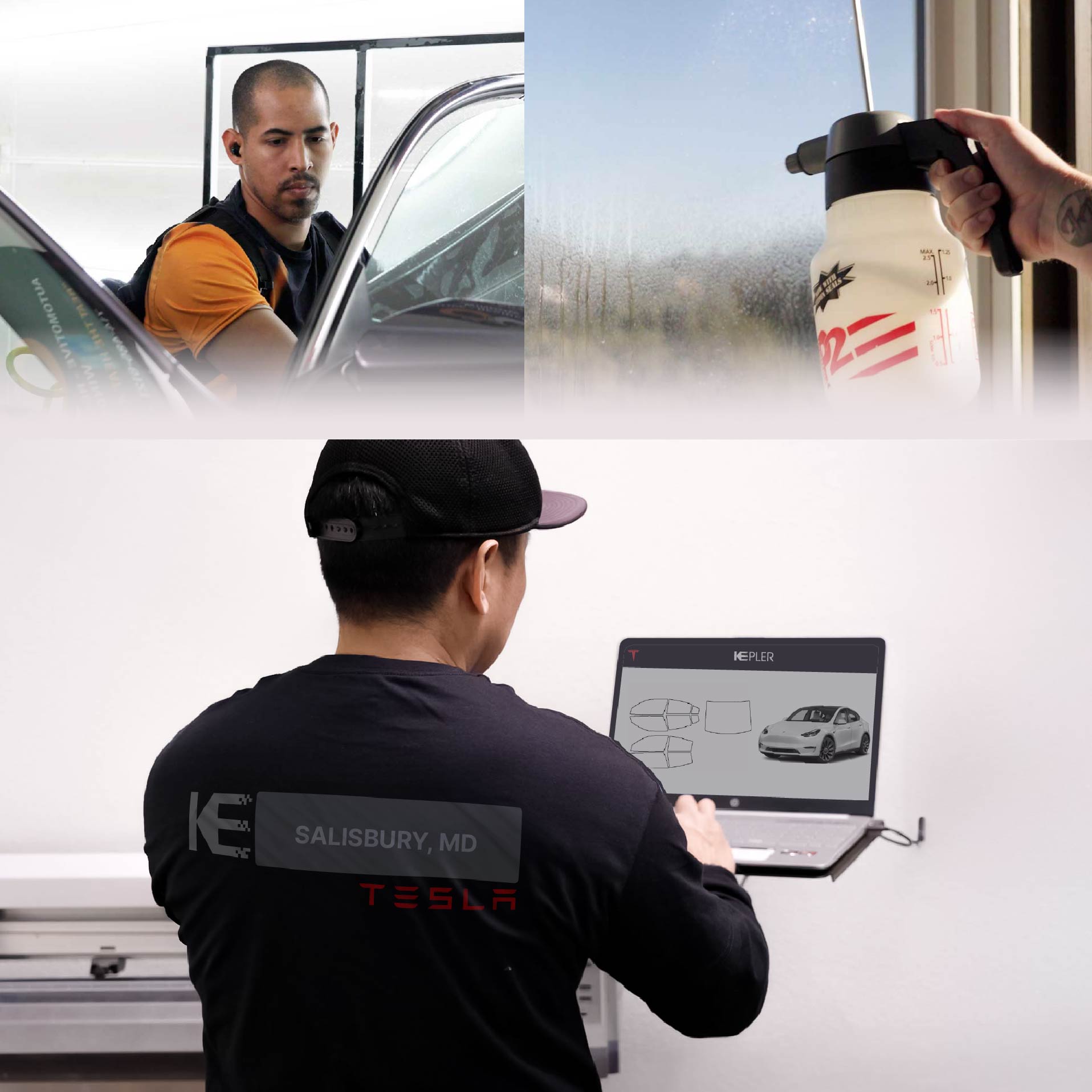Kepler Technician Fitting Advanced Window Tint to Tesla in Salisbury