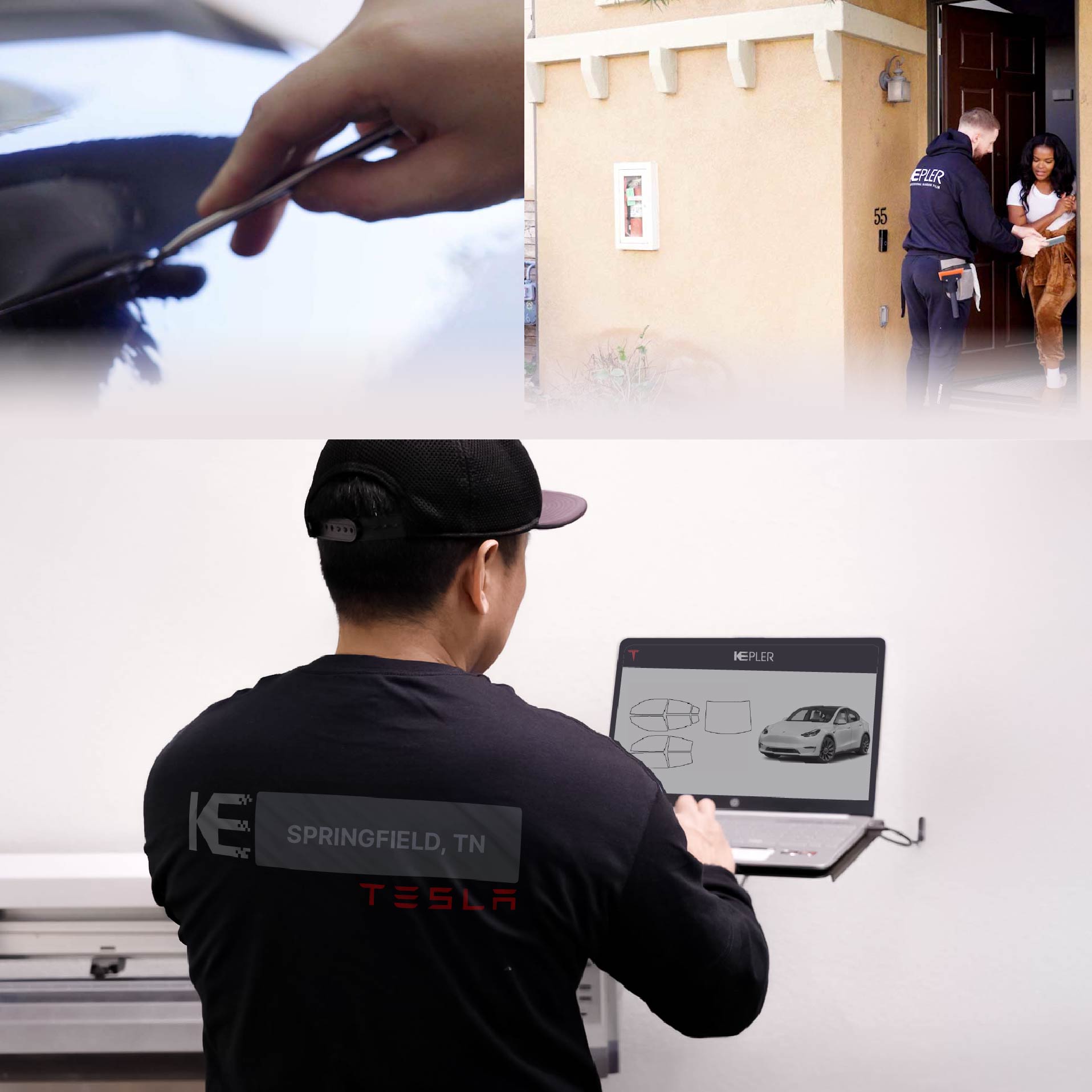 Expert Technician Fitting Ceramic Window Tint to Tesla in Springfield