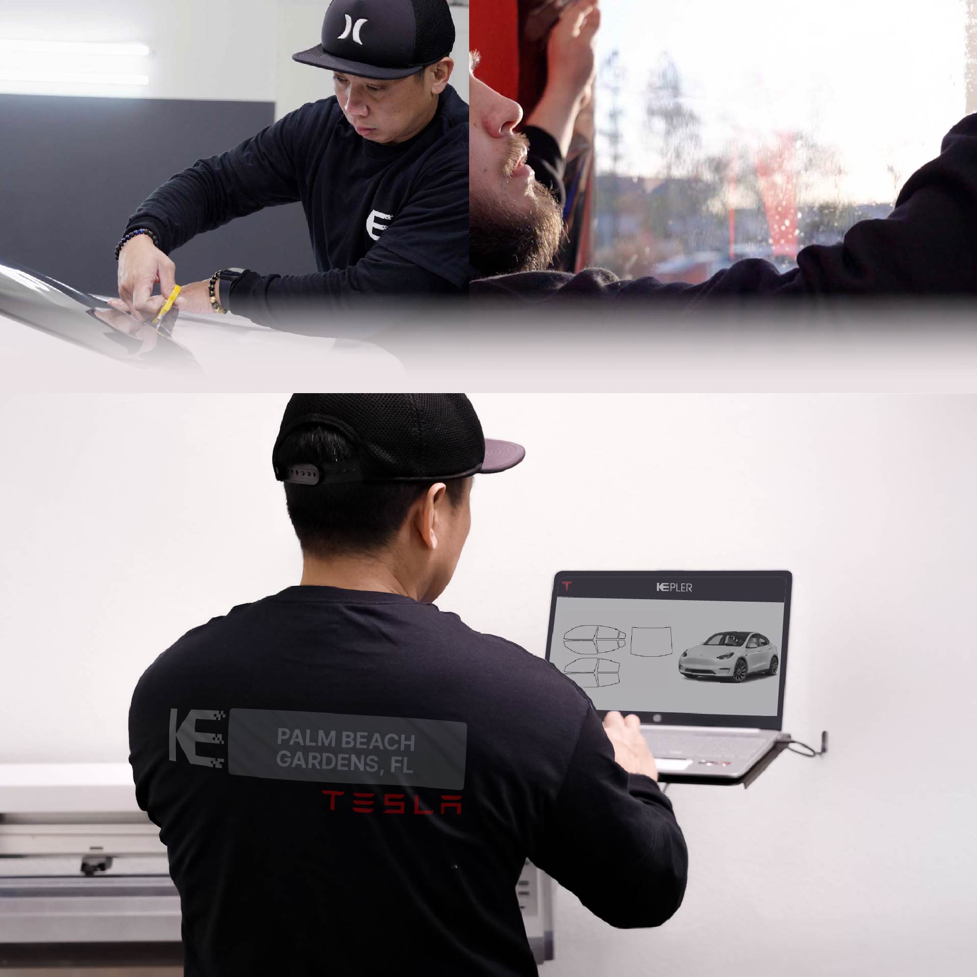 Kepler Technician Fitting High-tech Window Tint to Tesla in Palm Beach Gardens