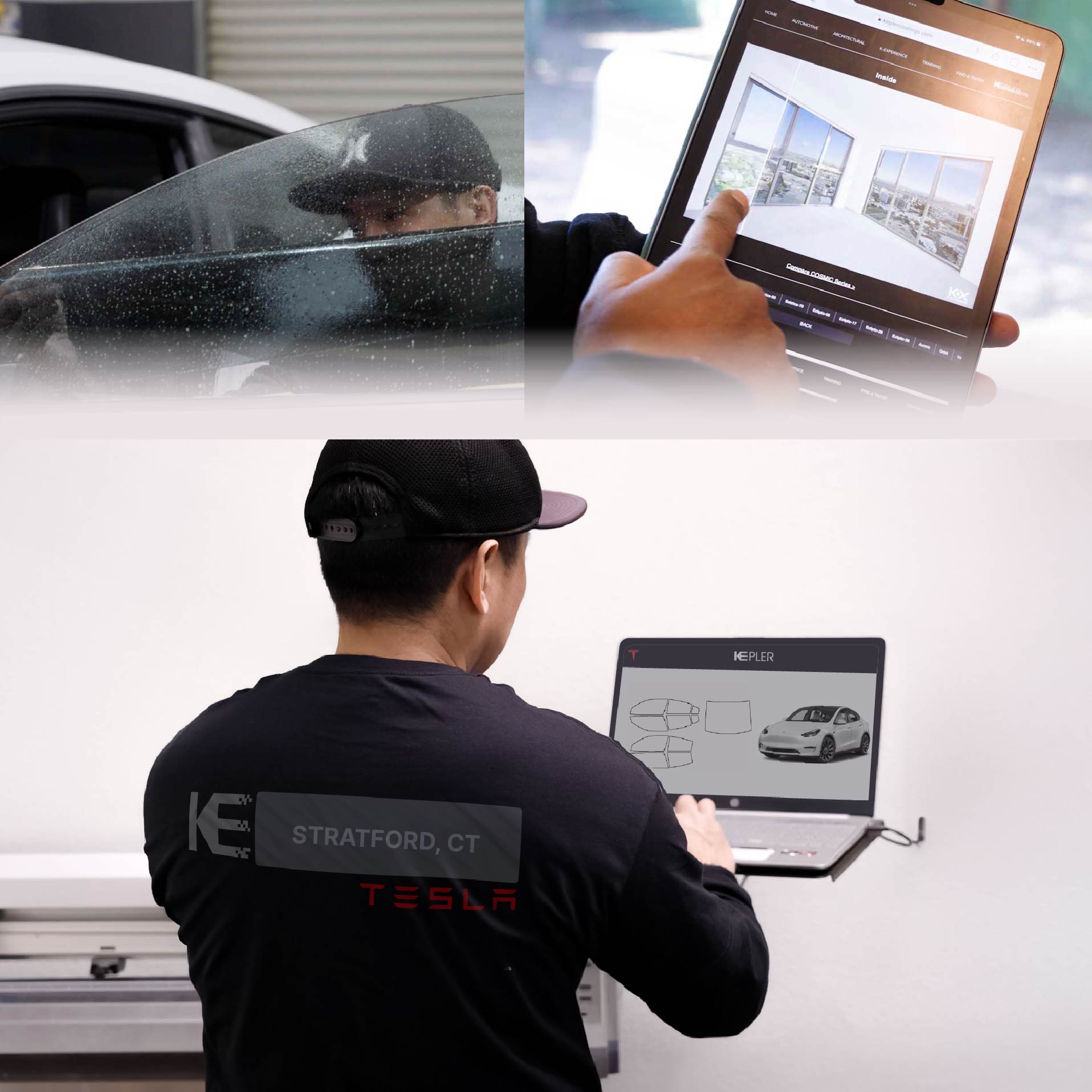 Kepler Technician Fitting Advanced Window Tint to Tesla in Stratford