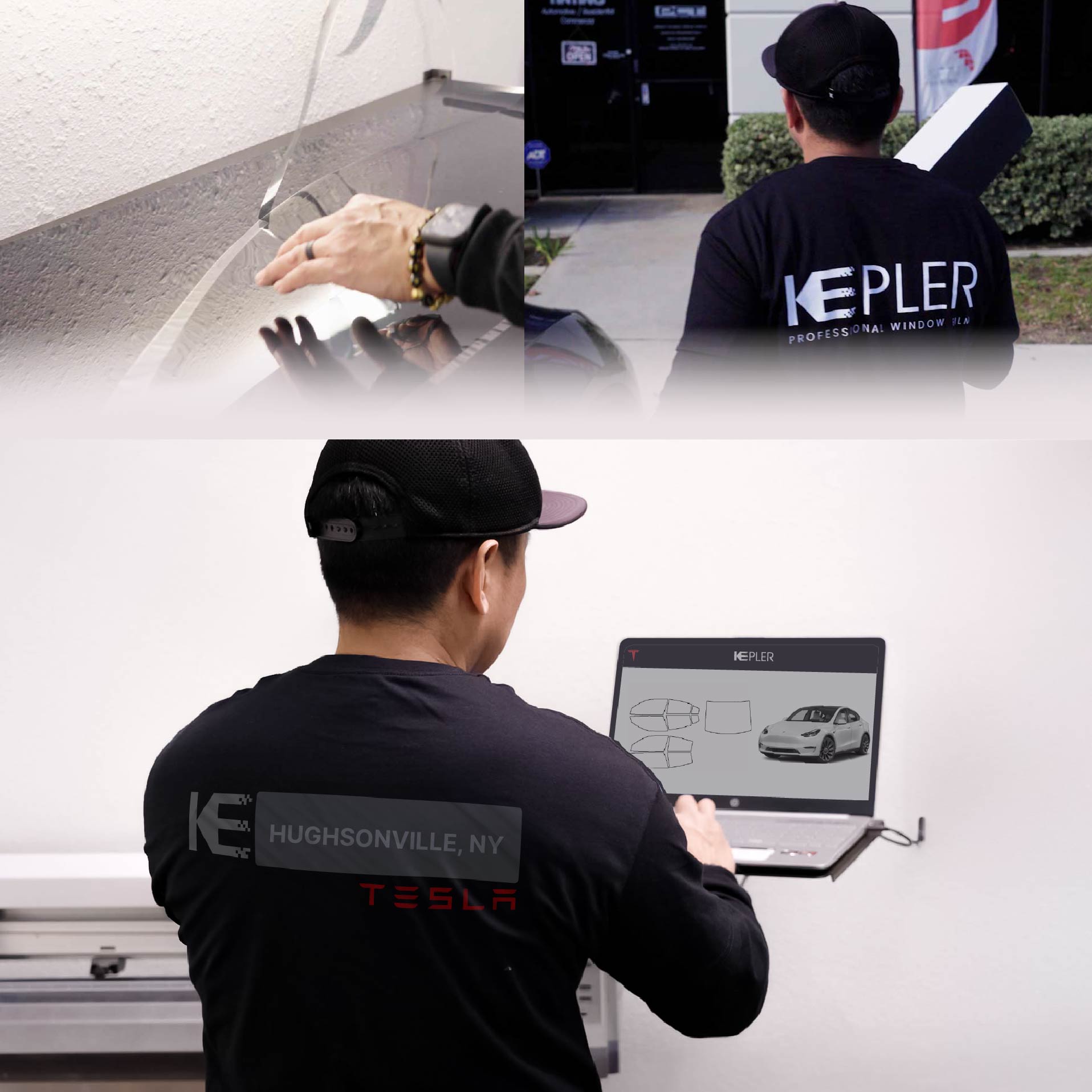 Expert Technician Installing Ceramic Window Tint to Tesla in Hughsonville