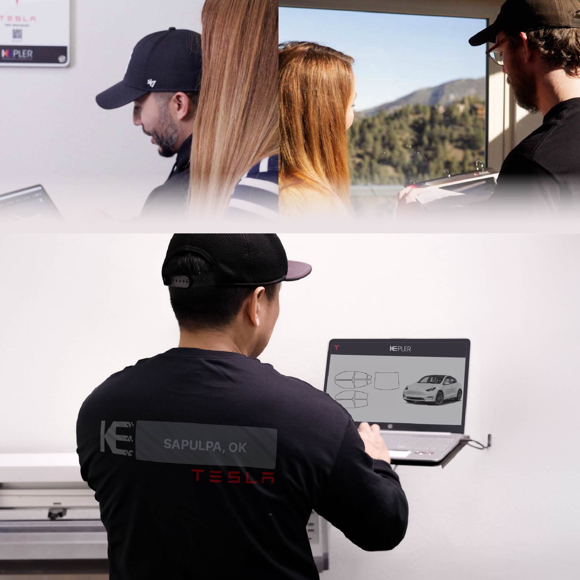 Kepler Technician Fitting Advanced Window Tint to Tesla in Sapulpa