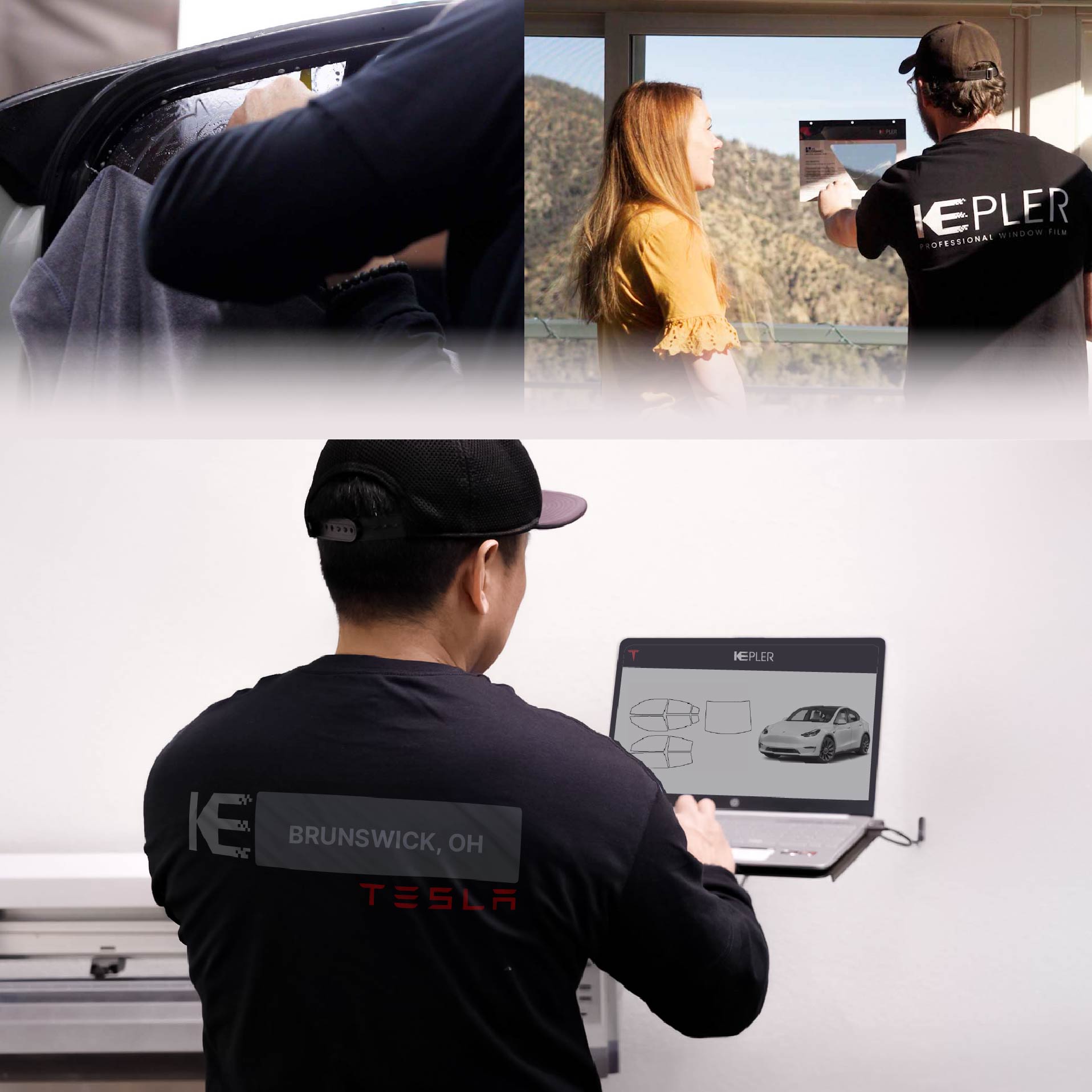 Expert Technician Fitting Advanced Window Tint to Tesla in Brunswick