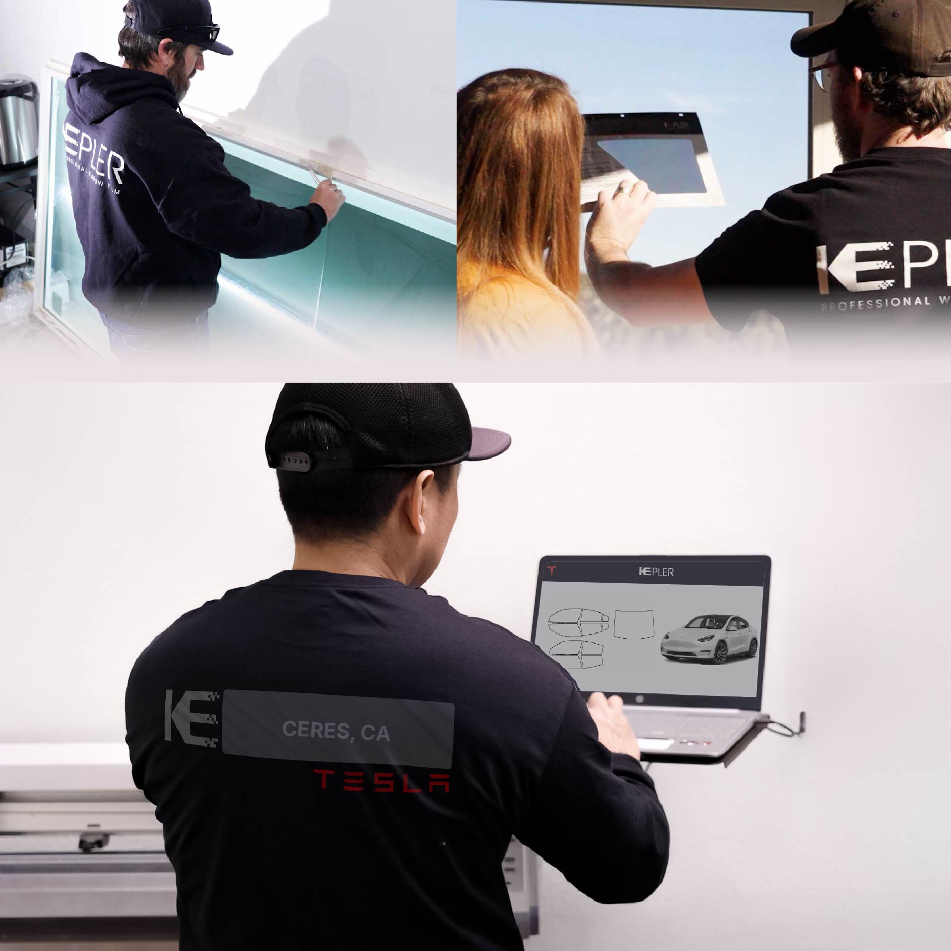 Kepler Technician Applying High-tech Window Tint to Tesla in Ceres