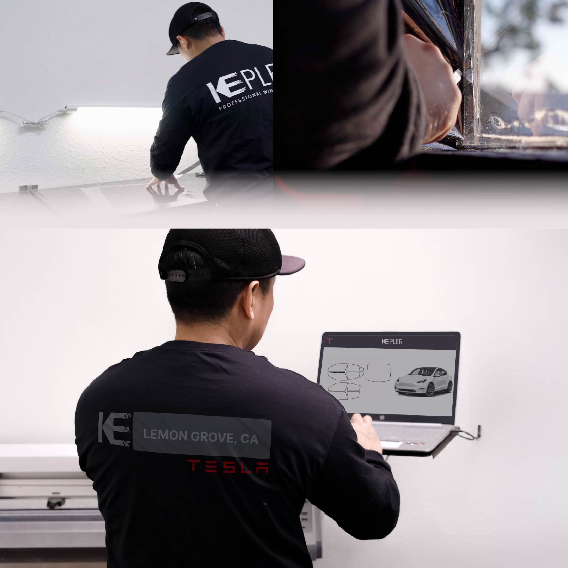 Kepler Technician Installing High-tech Window Tint to Tesla in Lemon Grove