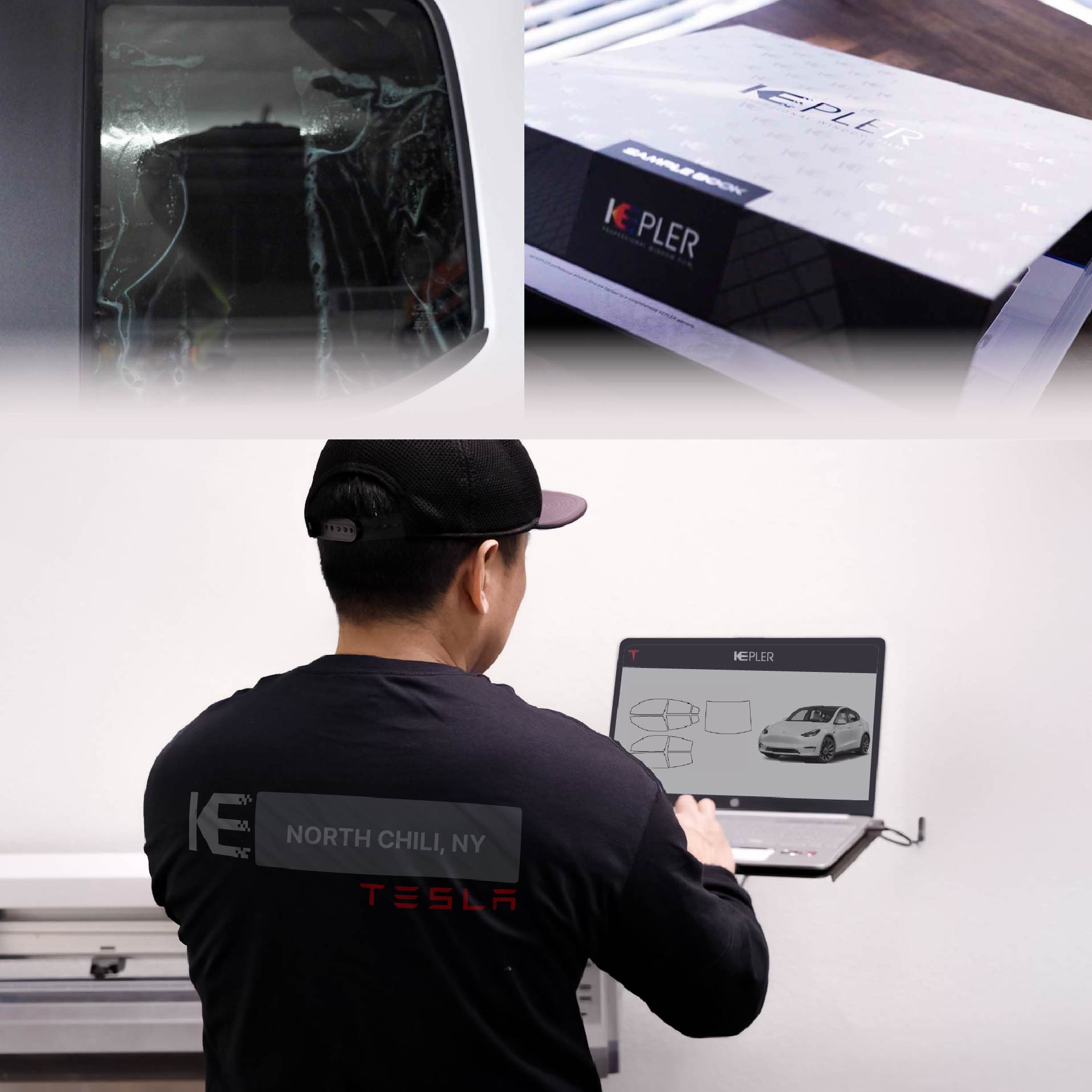 Kepler Technician Installing Advanced Window Tint to Tesla in North Chili