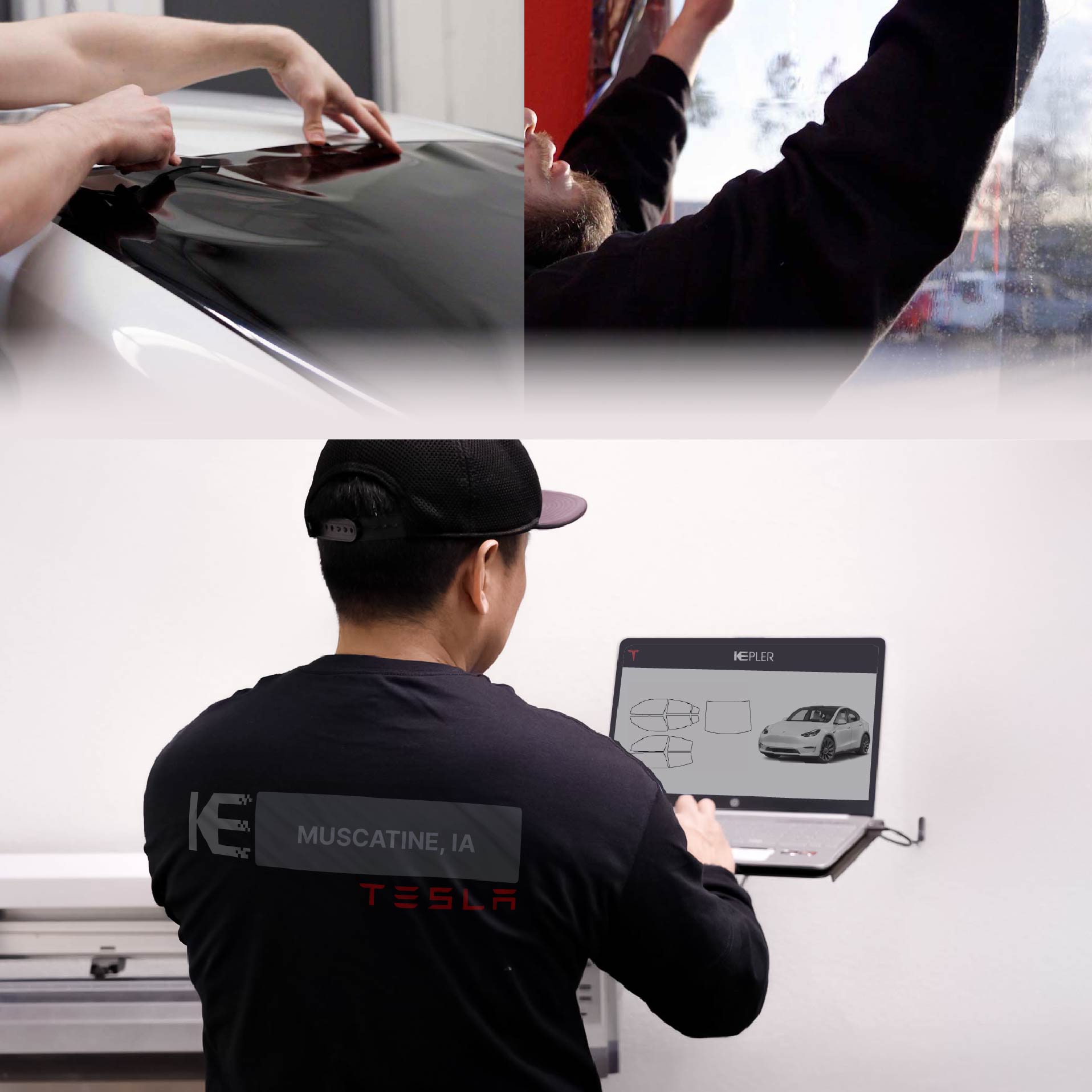 Expert Technician Applying High-tech Window Tint to Tesla in Muscatine