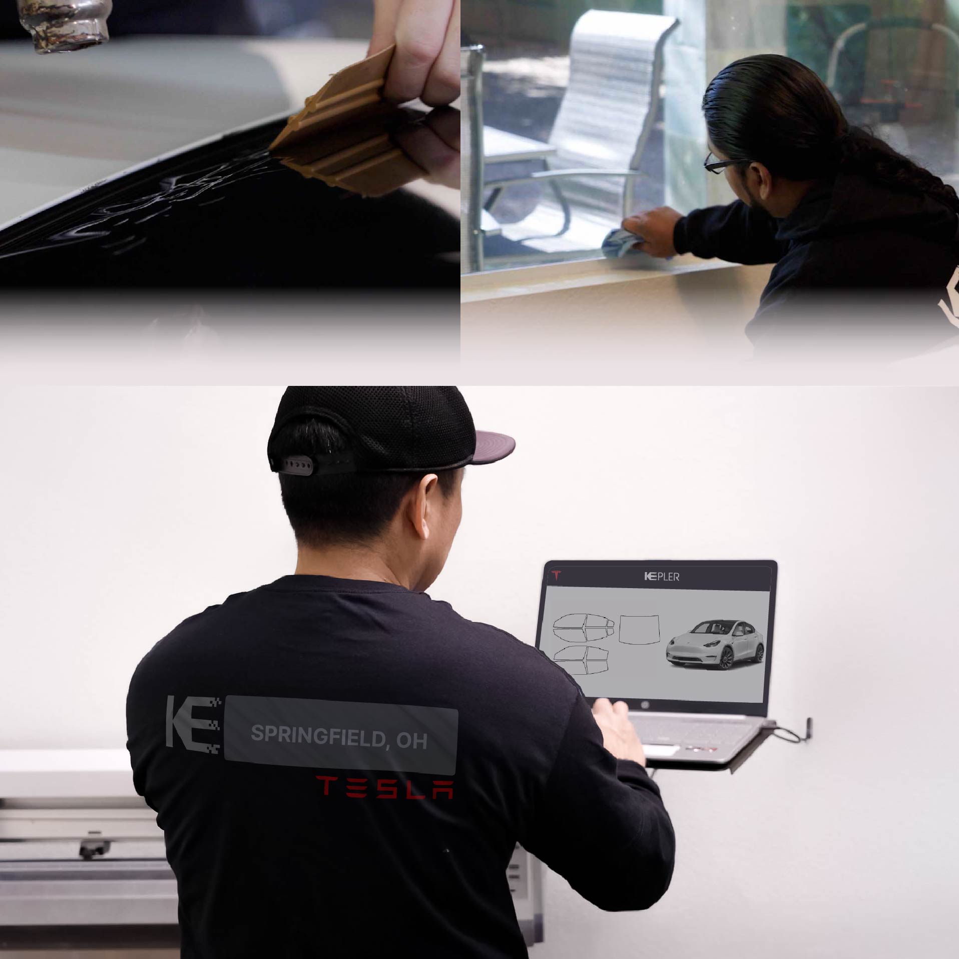 Expert Technician Installing Ceramic Window Tint to Tesla in Springfield