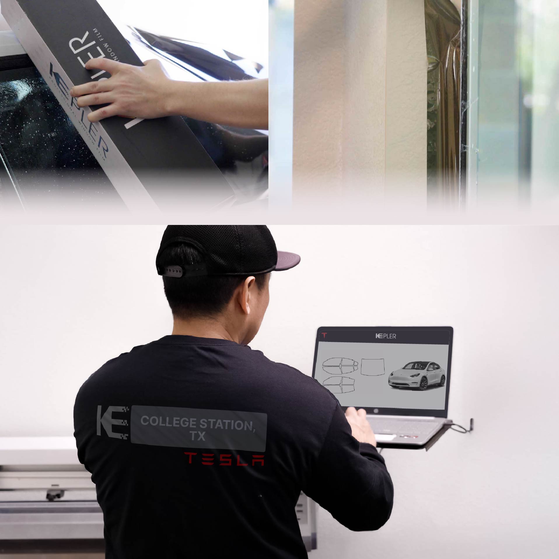 Expert Technician Fitting Advanced Window Tint to Tesla in College Station