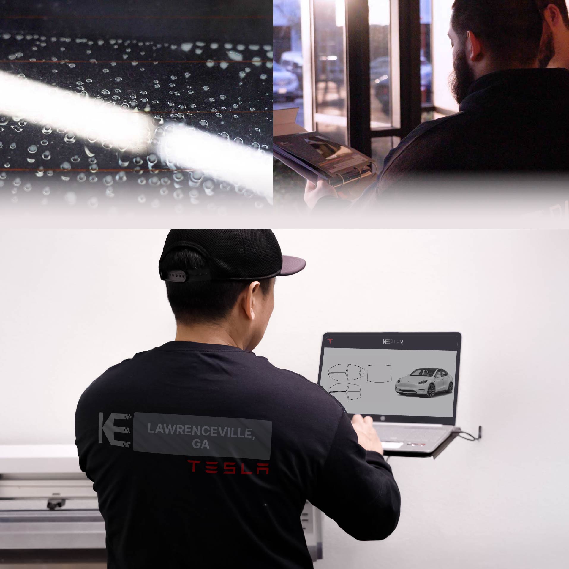 Expert Technician Fitting High-tech Window Tint to Tesla in Lawrenceville