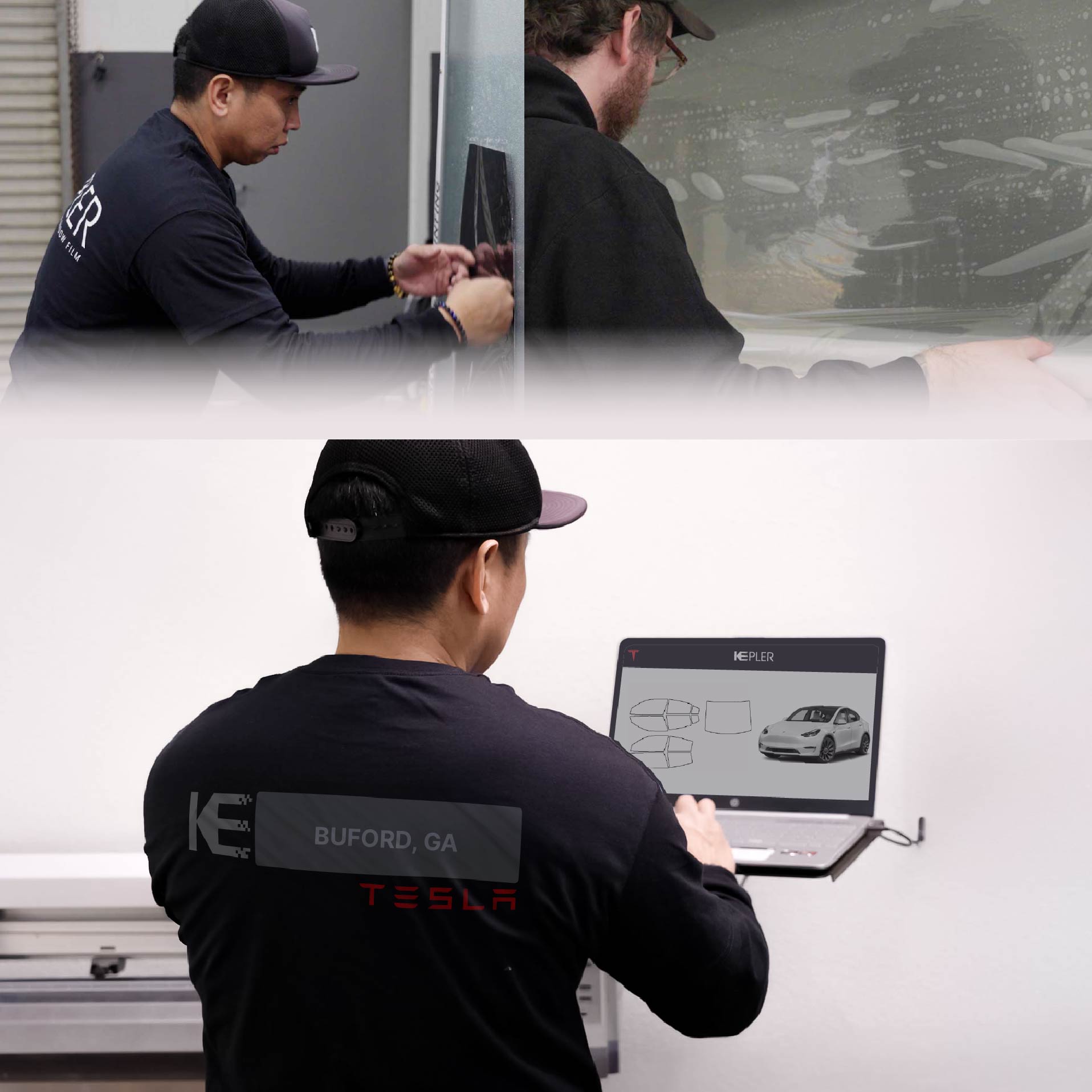 Expert Technician Installing High-tech Window Tint to Tesla in Buford
