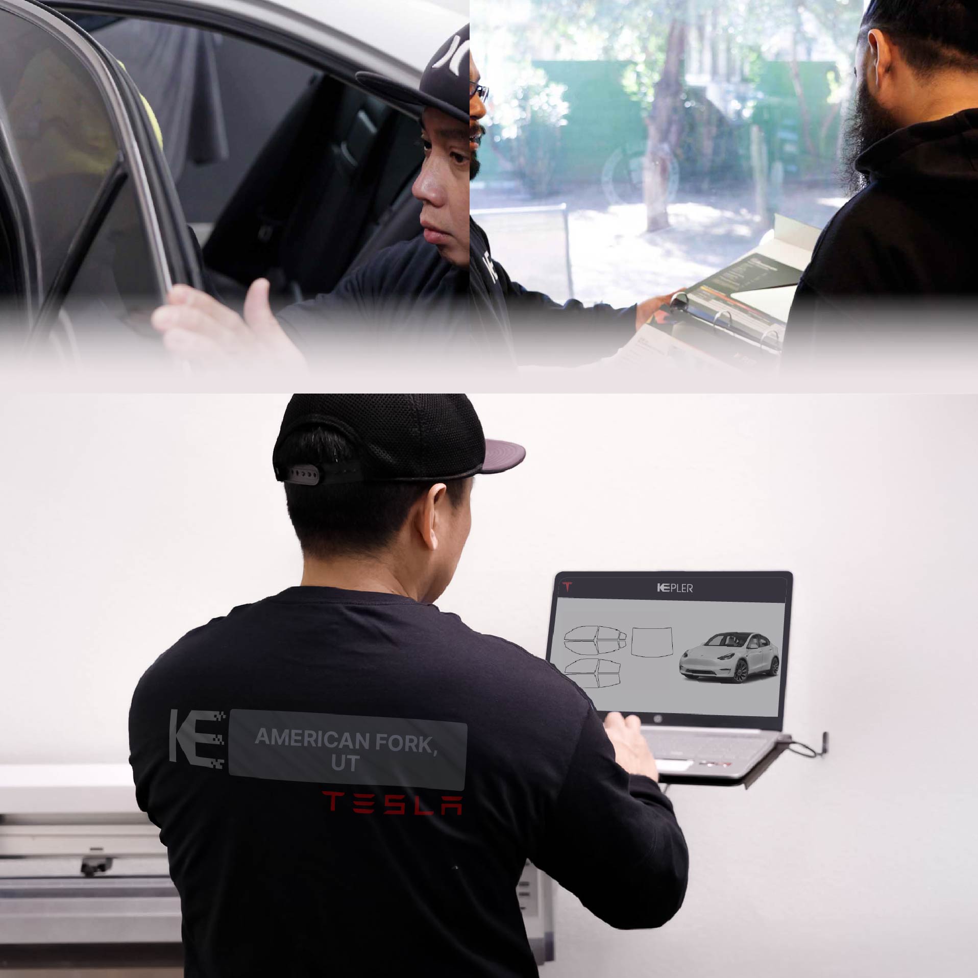 Expert Technician Applying Advanced Window Tint to Tesla in American Fork