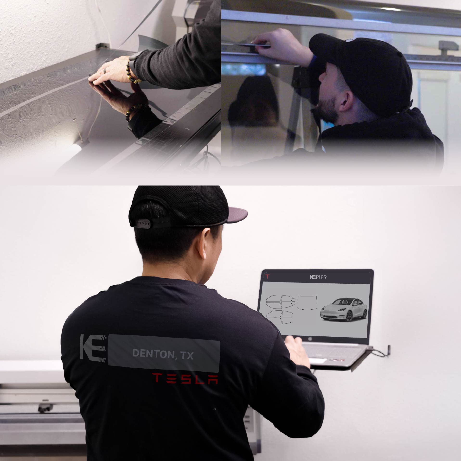 Kepler Technician Installing Ceramic Window Tint to Tesla in Denton
