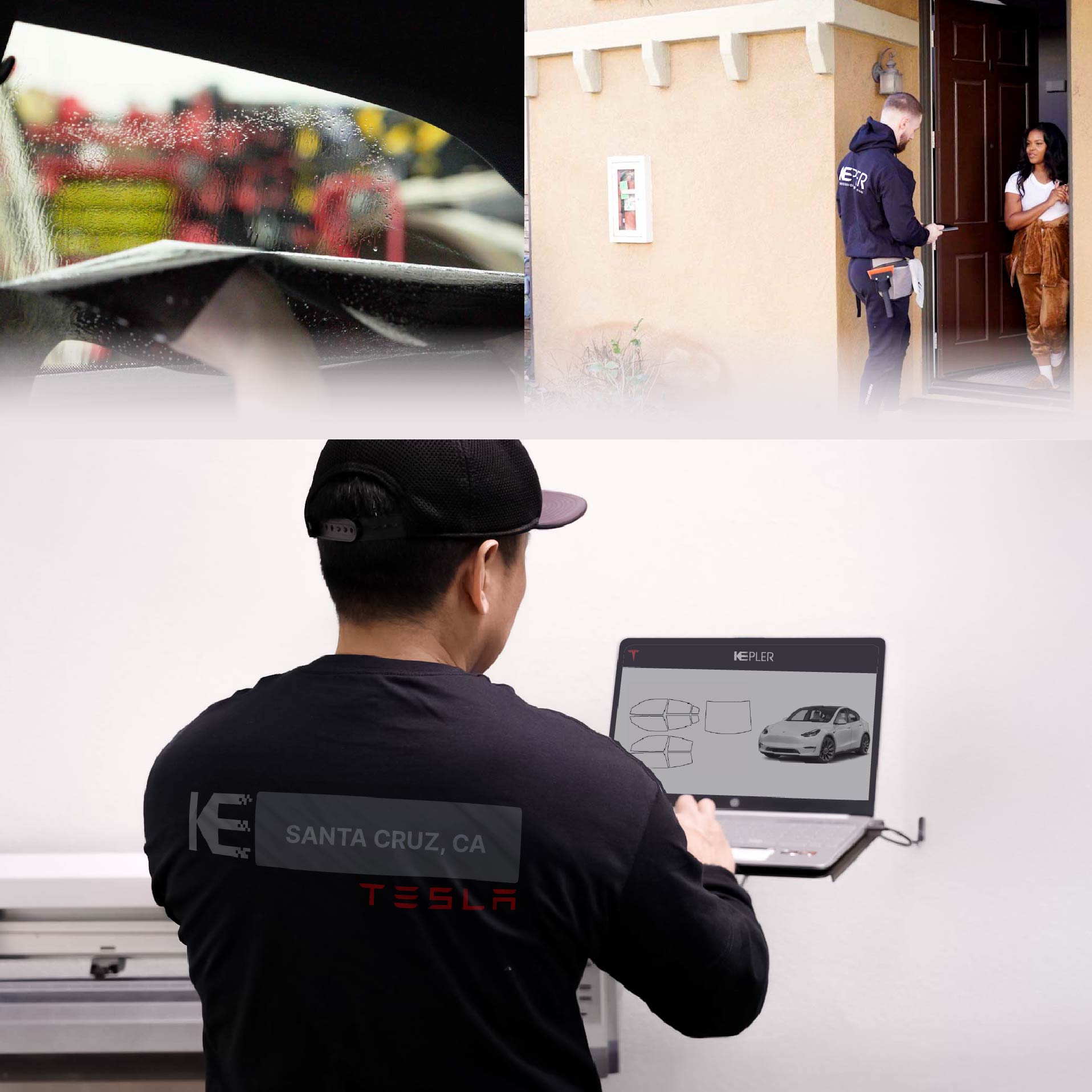 Expert Technician Applying High-tech Window Tint to Tesla in Santa Cruz