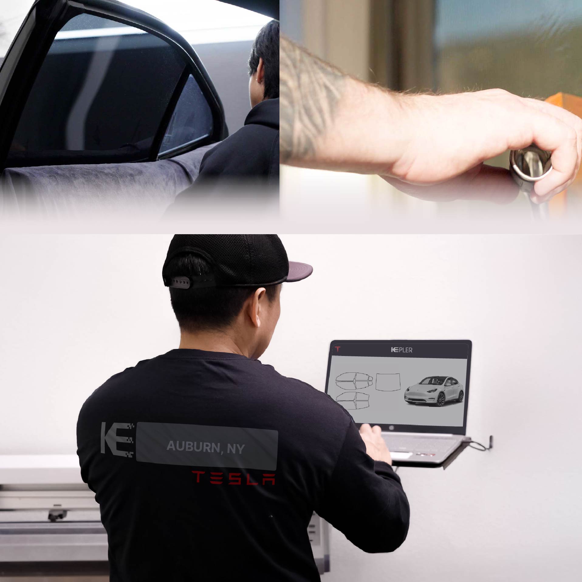 Expert Technician Applying Ceramic Window Tint to Tesla in Auburn