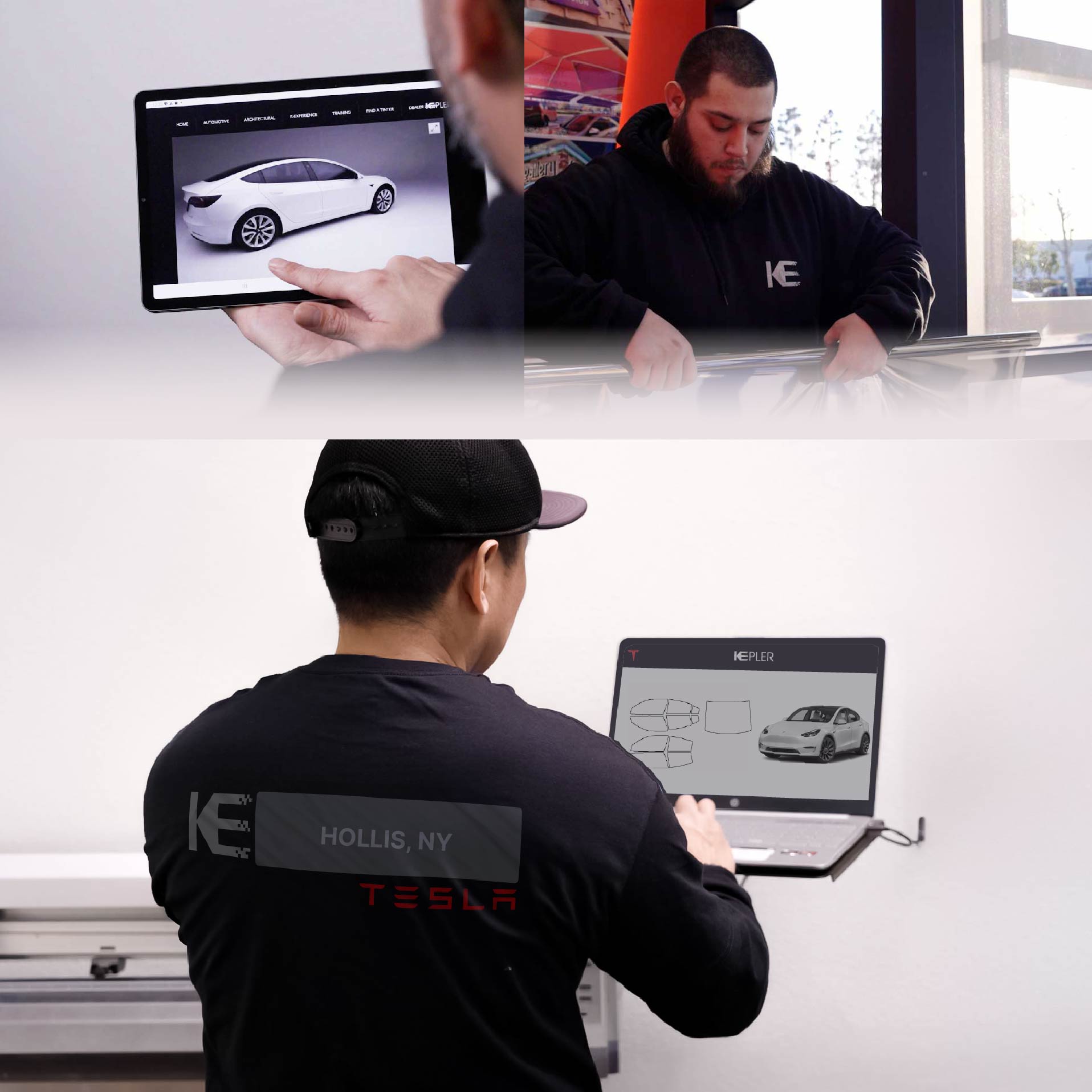Expert Technician Fitting Ceramic Window Tint to Tesla in Hollis