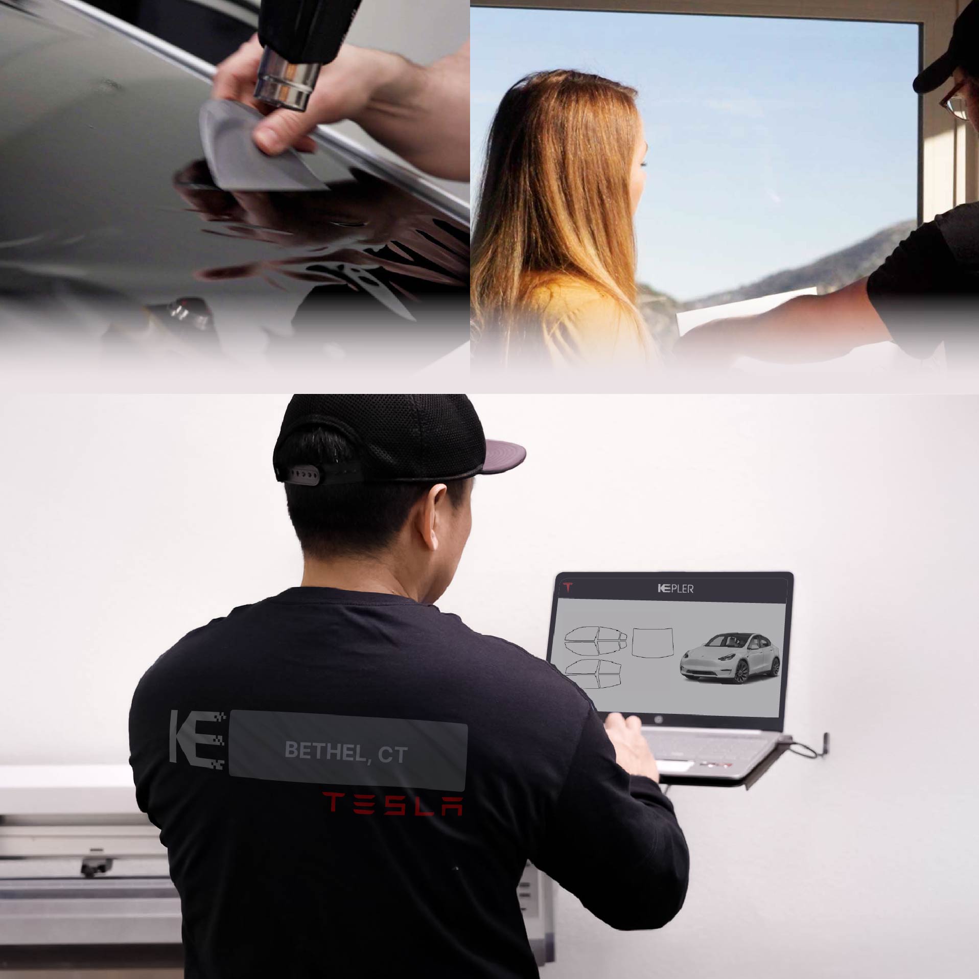 Kepler Technician Applying Advanced Window Tint to Tesla in Bethel