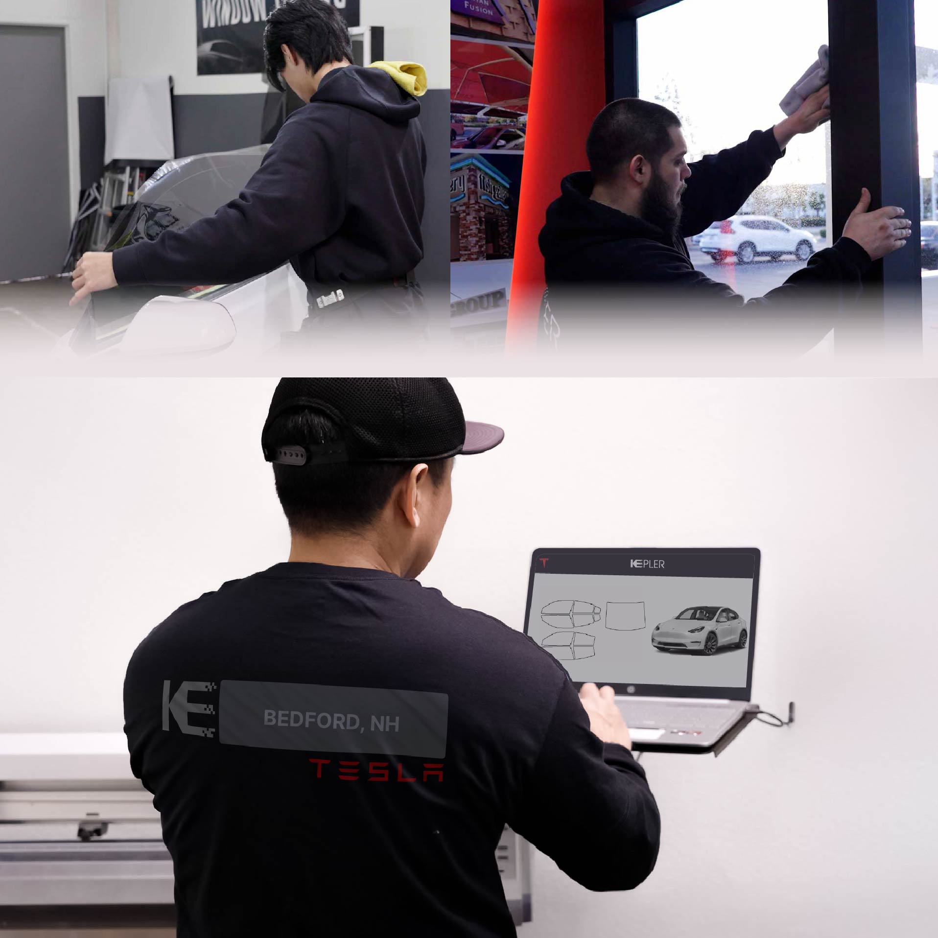 Expert Technician Applying Ceramic Window Tint to Tesla in Bedford