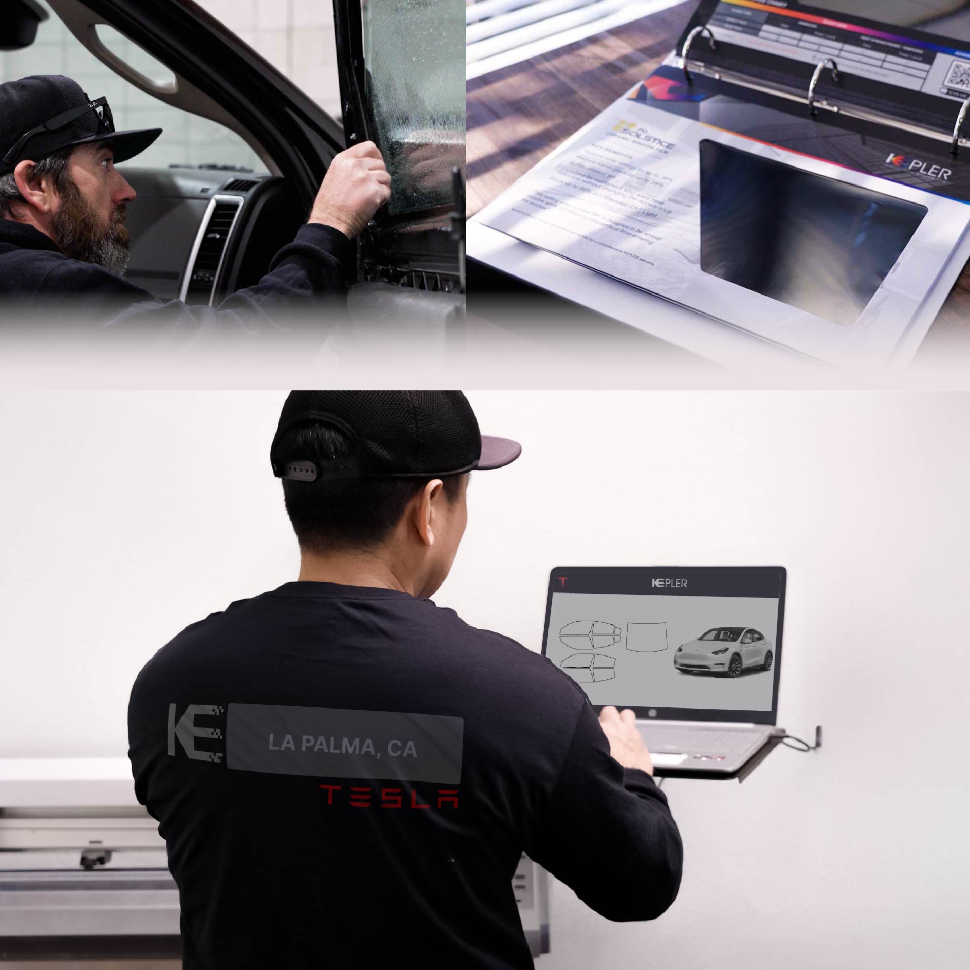 Expert Technician Applying Ceramic Window Tint to Tesla in La Palma