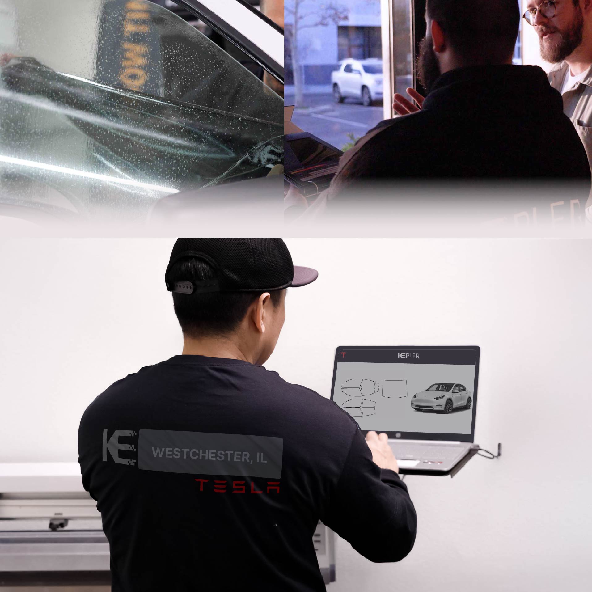 Kepler Technician Fitting Advanced Window Tint to Tesla in Westchester