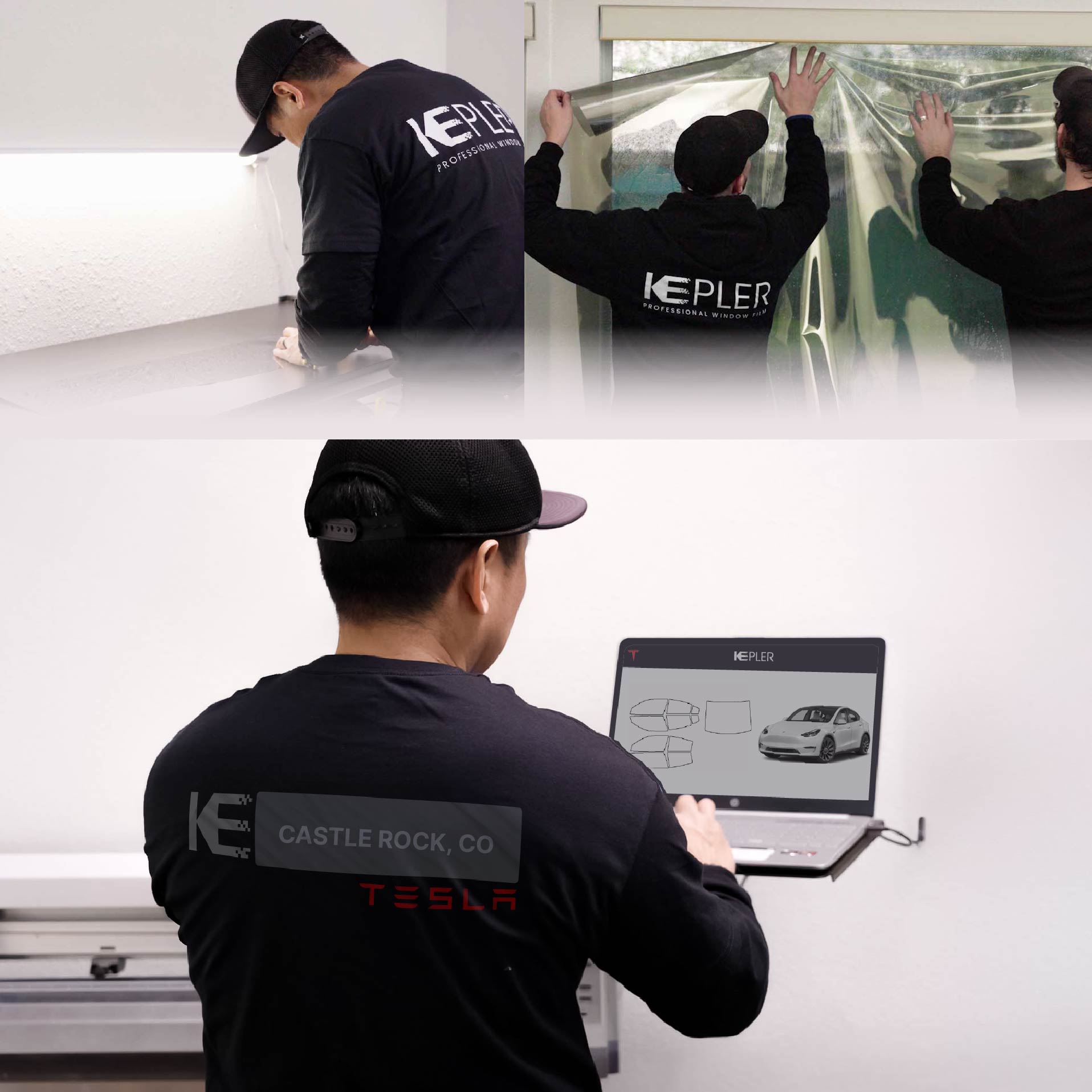 Kepler Technician Fitting Ceramic Window Tint to Tesla in Castle Rock