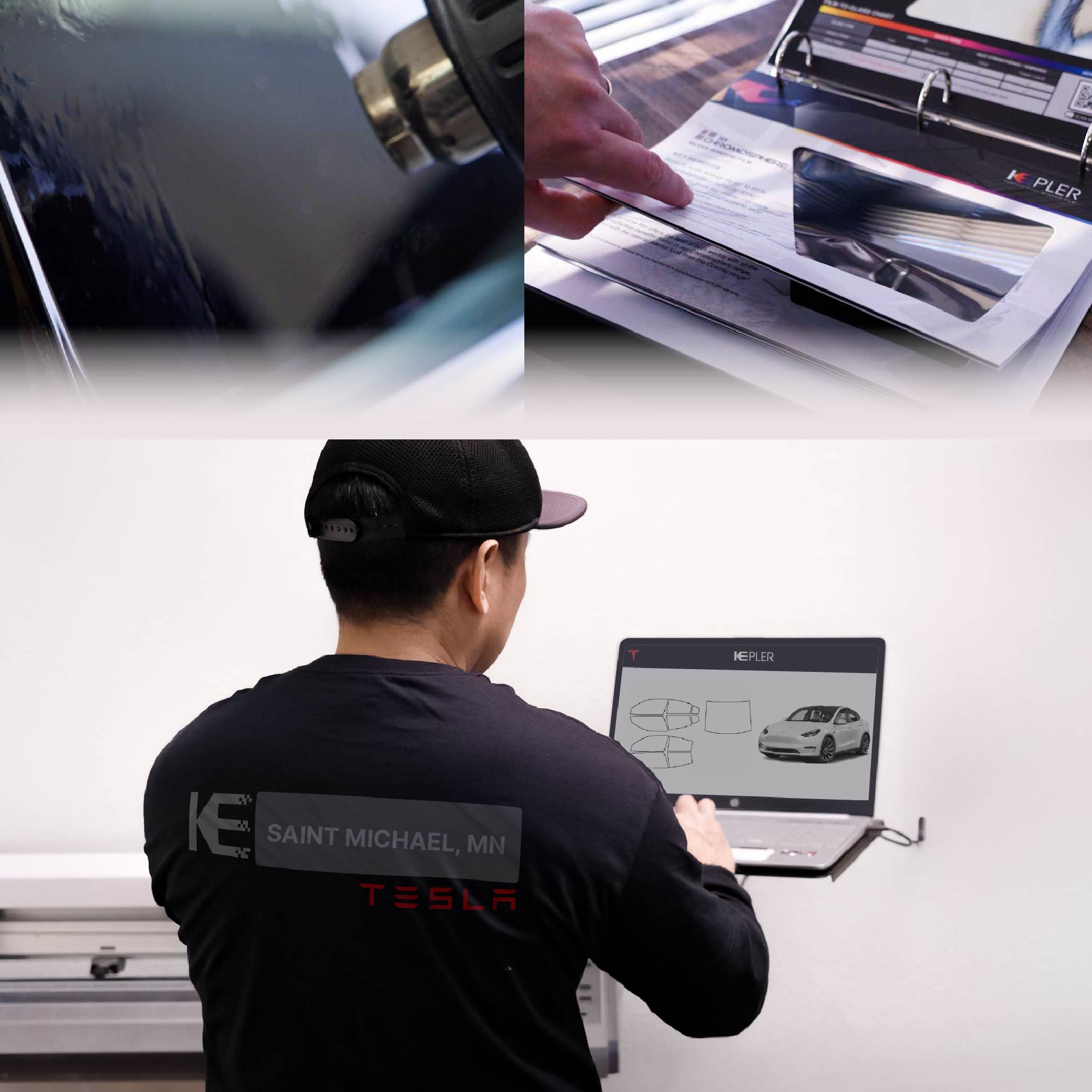 Kepler Technician Fitting High-tech Window Tint to Tesla in Saint Michael