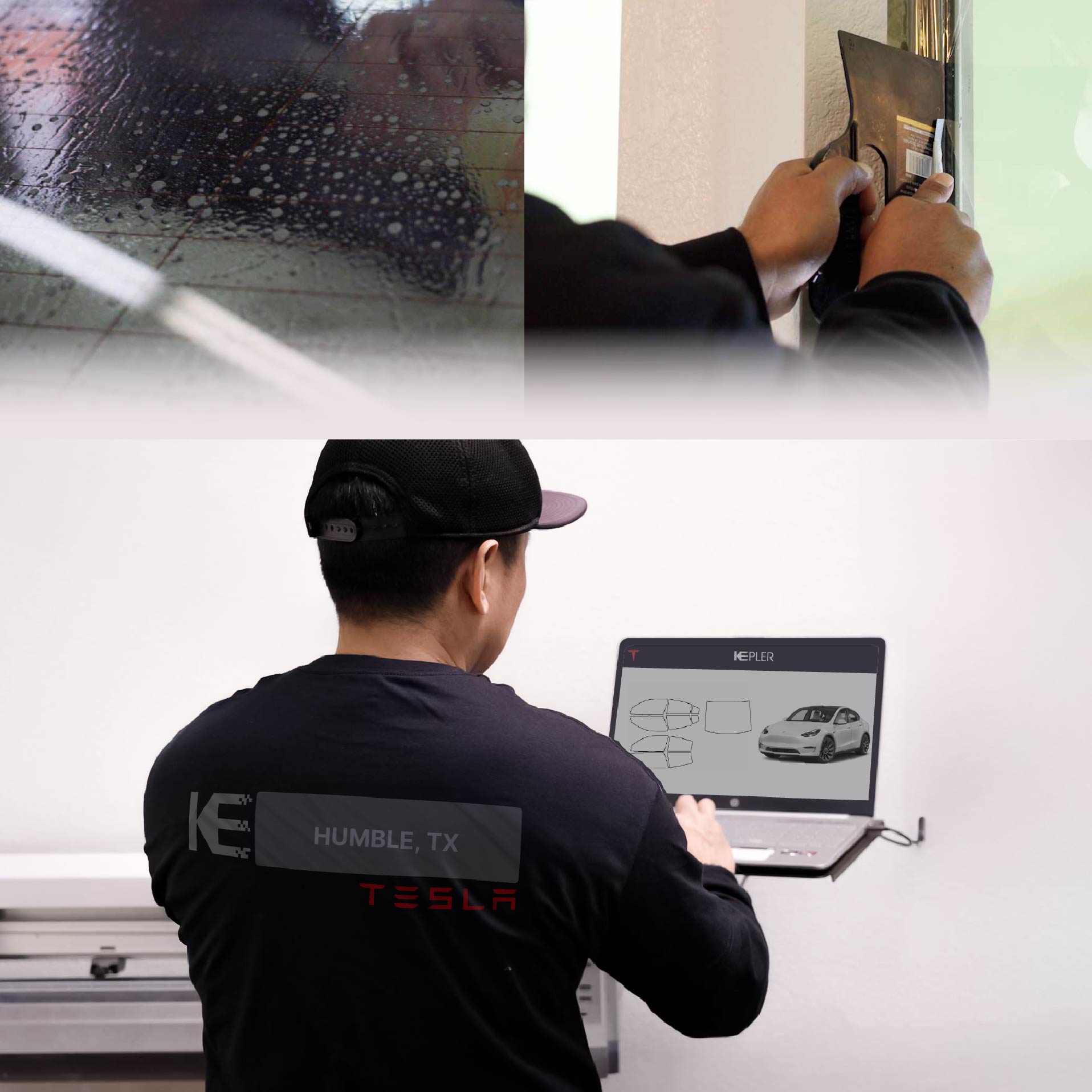 Expert Technician Installing High-tech Window Tint to Tesla in Humble