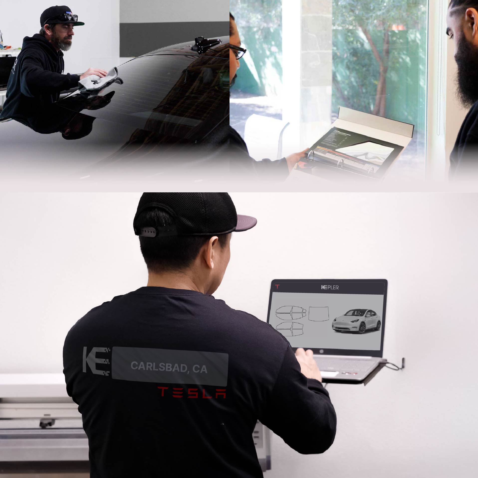 Expert Technician Fitting Ceramic Window Tint to Tesla in Carlsbad