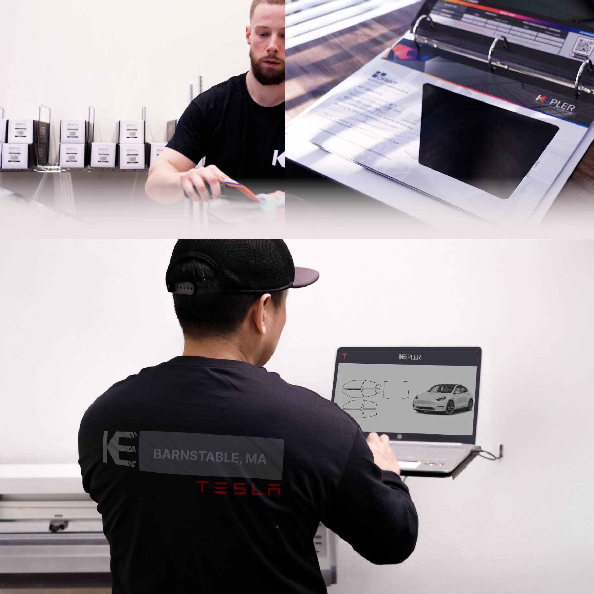 Kepler Technician Installing High-tech Window Tint to Tesla in Barnstable