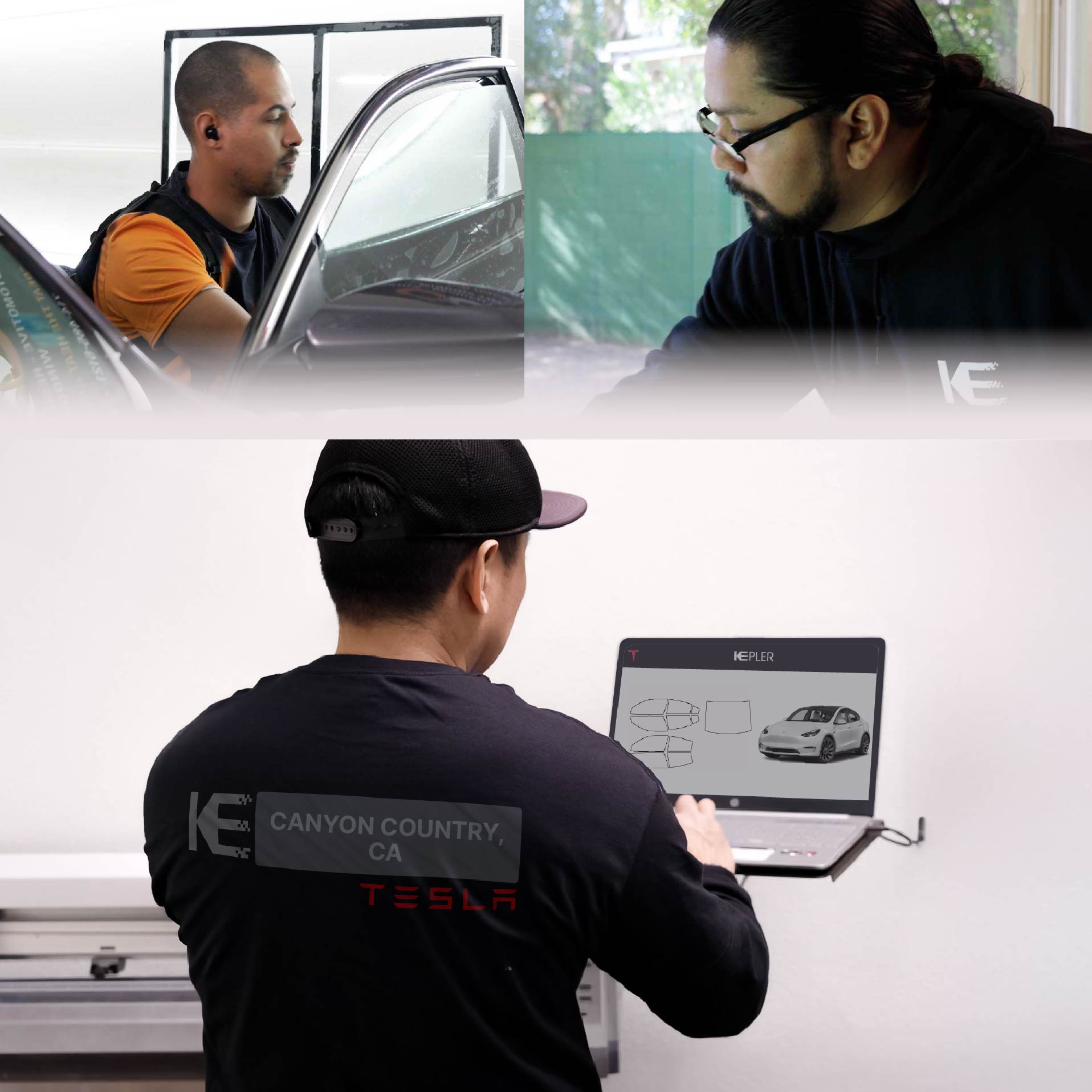 Expert Technician Applying Ceramic Window Tint to Tesla in Canyon Country