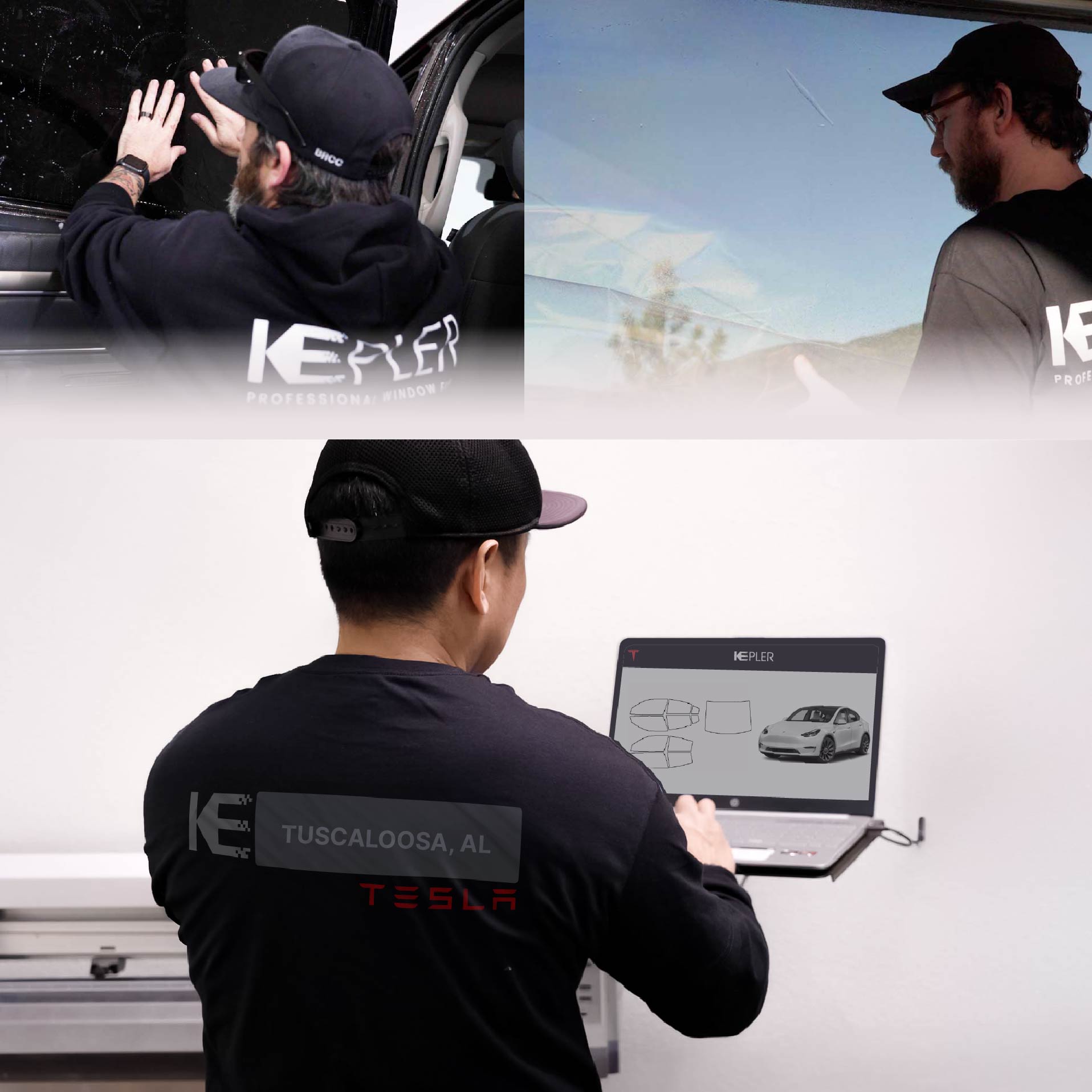 Expert Technician Installing Advanced Window Tint to Tesla in Tuscaloosa