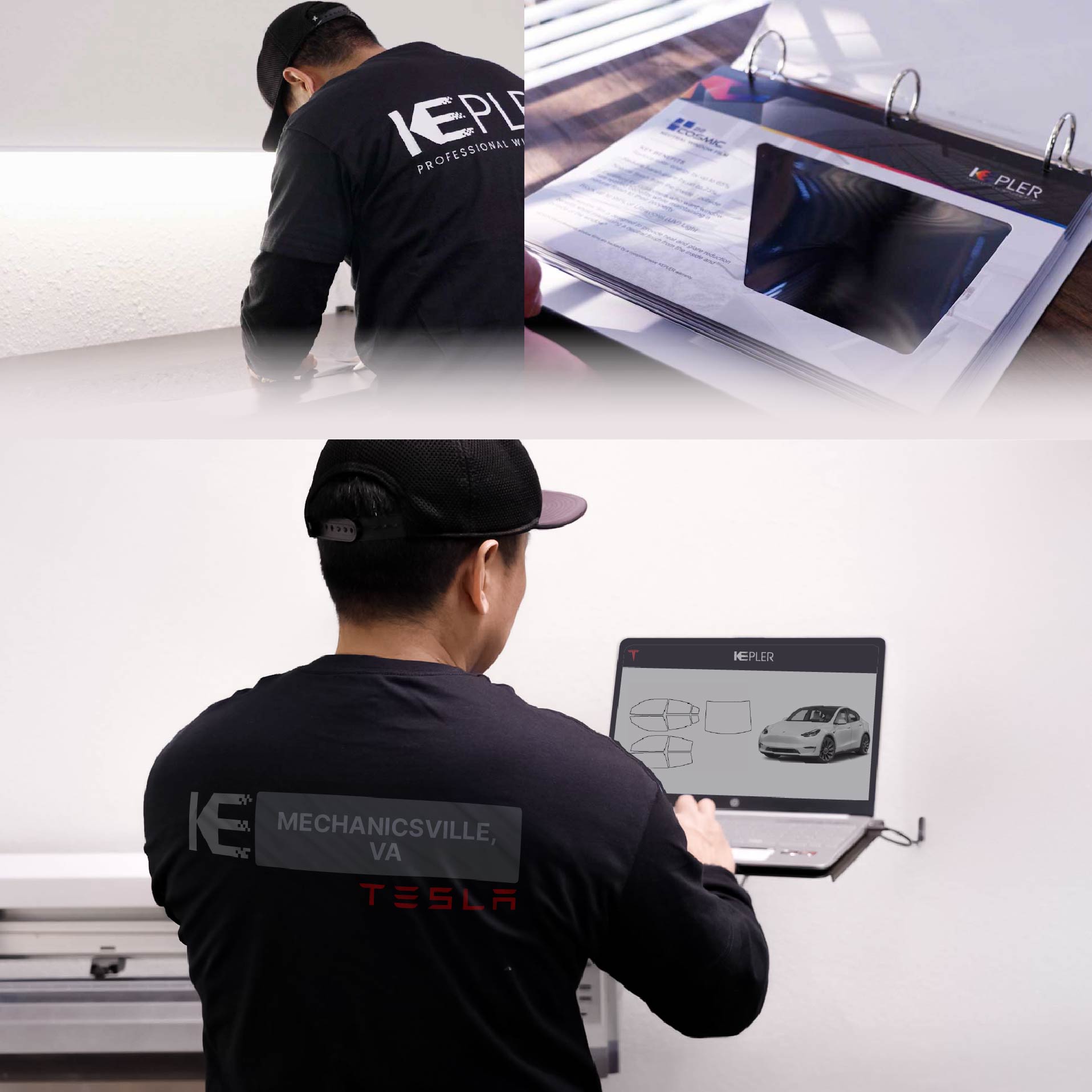 Expert Technician Installing Ceramic Window Tint to Tesla in Mechanicsville