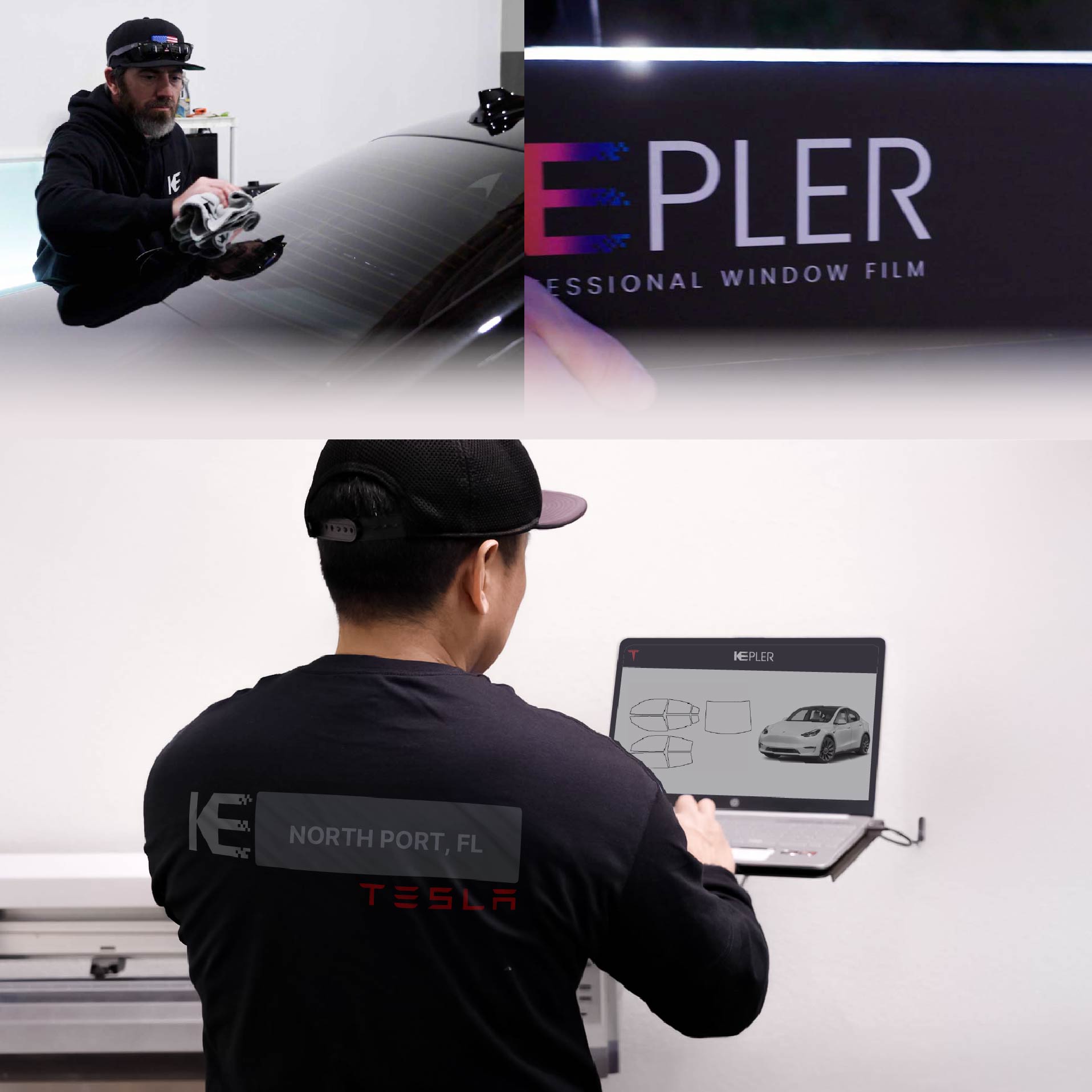 Kepler Technician Applying Advanced Window Tint to Tesla in North Port