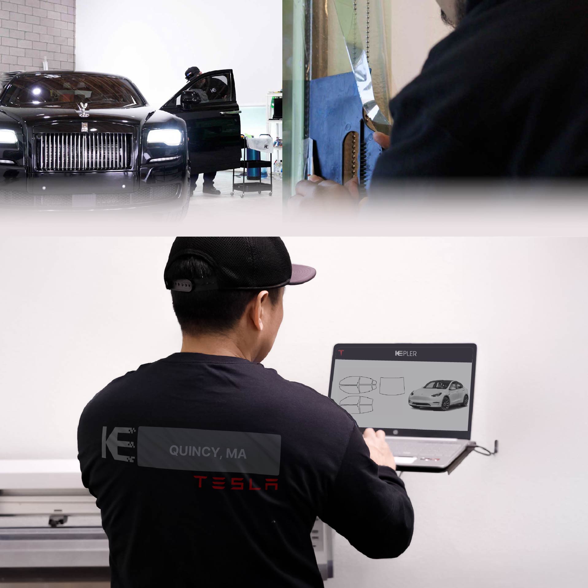 Expert Technician Applying High-tech Window Tint to Tesla in Quincy