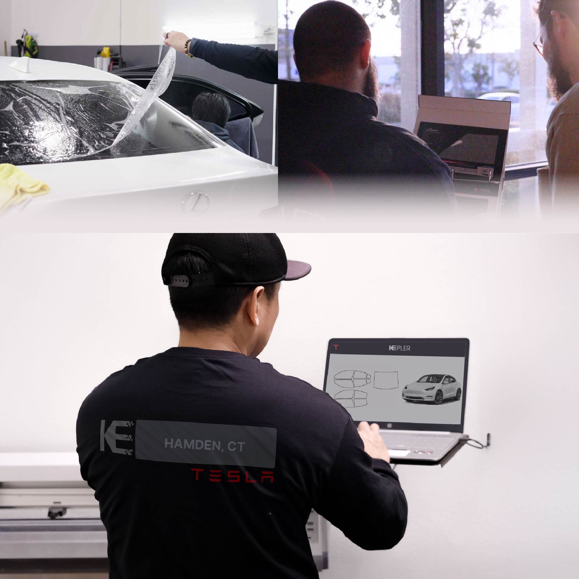 Expert Technician Applying Ceramic Window Tint to Tesla in Hamden