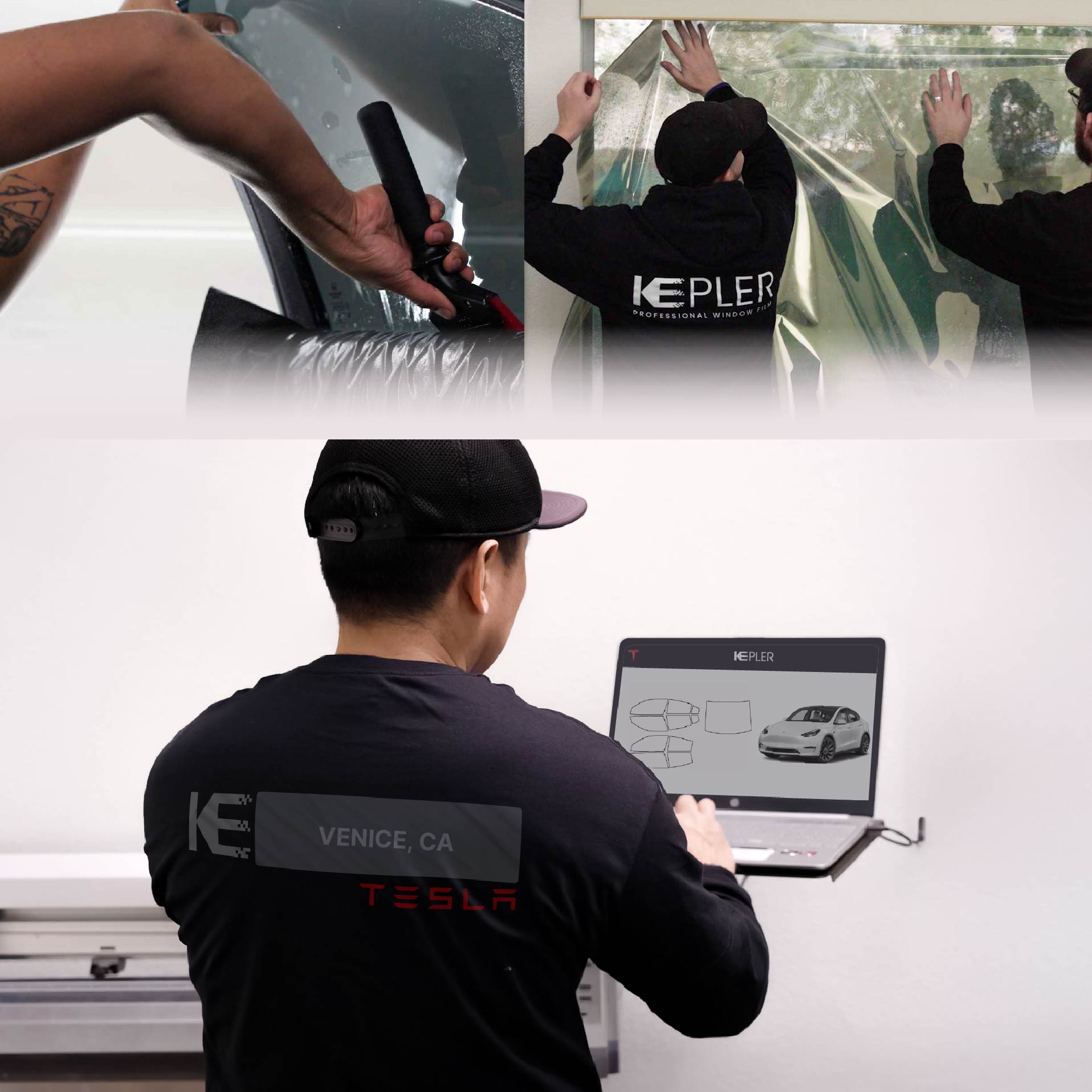 Kepler Technician Applying Advanced Window Tint to Tesla in Venice