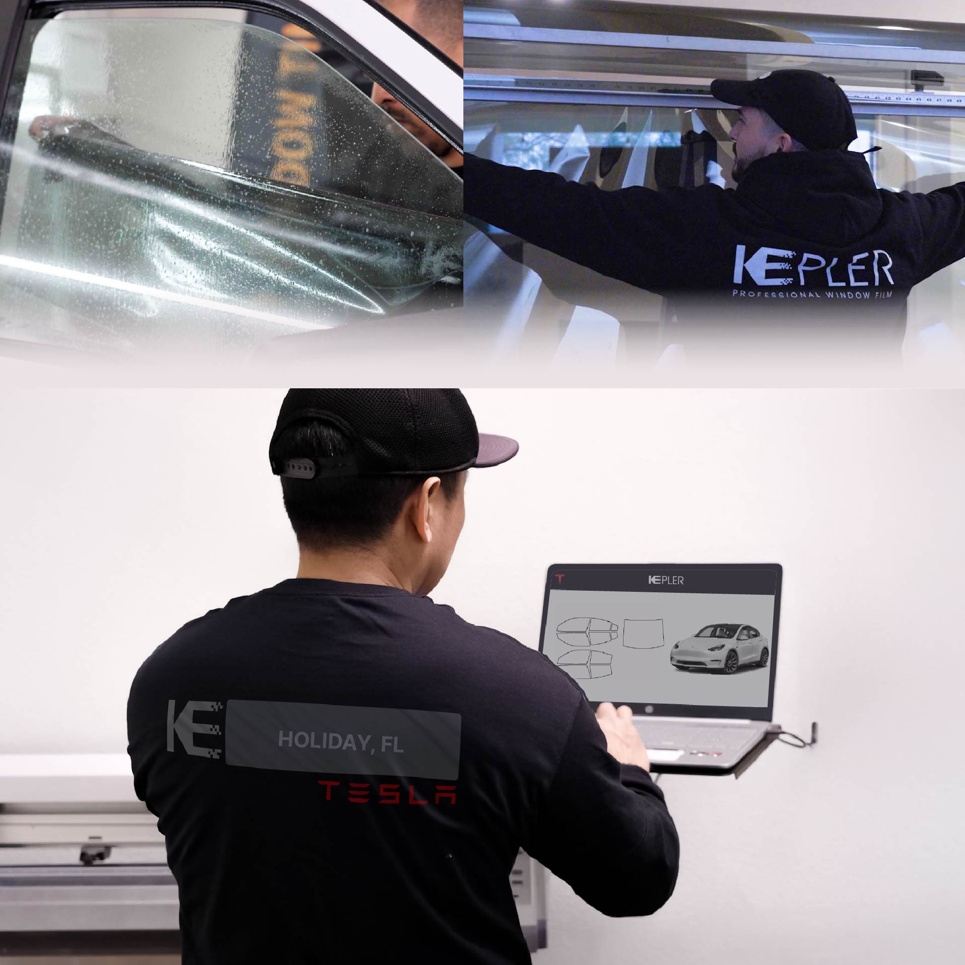Expert Technician Fitting Advanced Window Tint to Tesla in Holiday