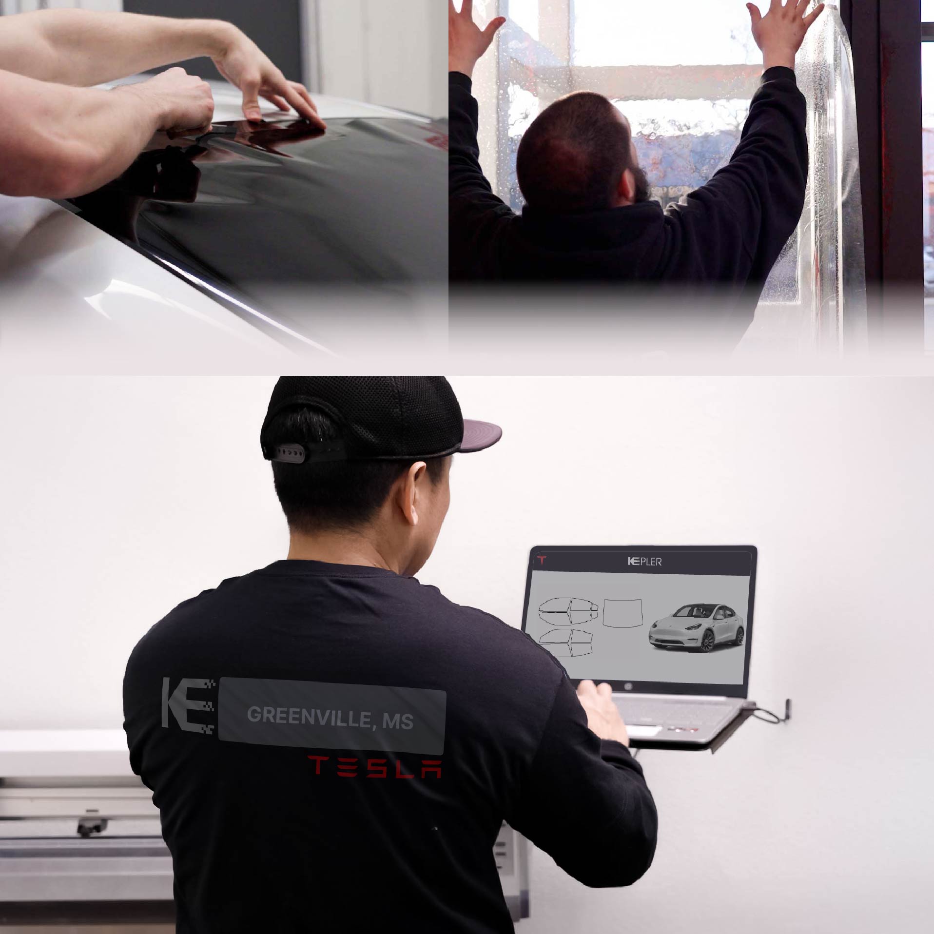 Kepler Technician Fitting Ceramic Window Tint to Tesla in Greenville