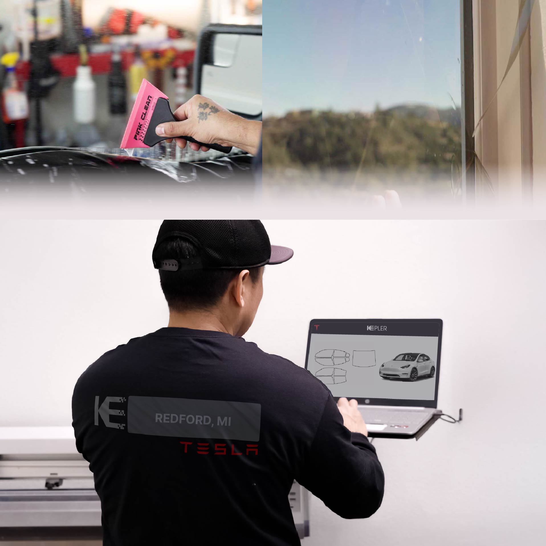 Expert Technician Applying Ceramic Window Tint to Tesla in Redford